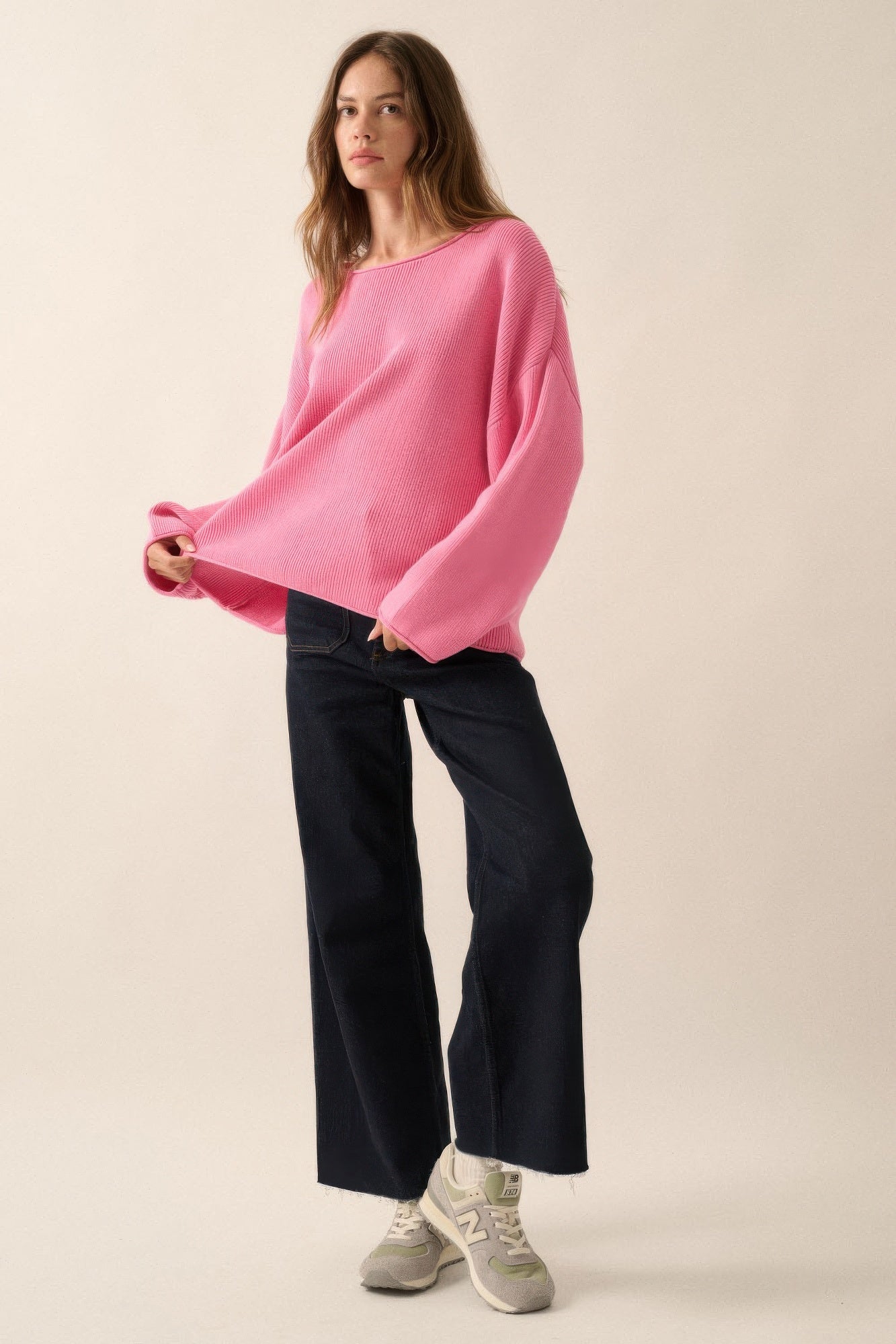 Solid Rib-knit Pink Oversized Boatneck Sweater Sweaters