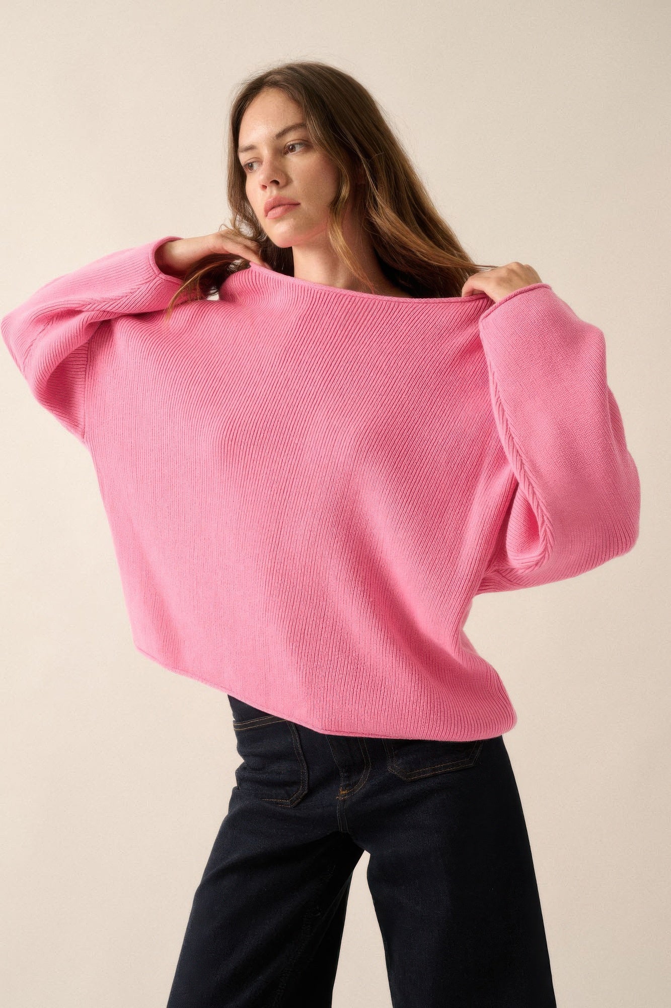Solid Rib-knit Pink Oversized Boatneck Sweater Sweaters