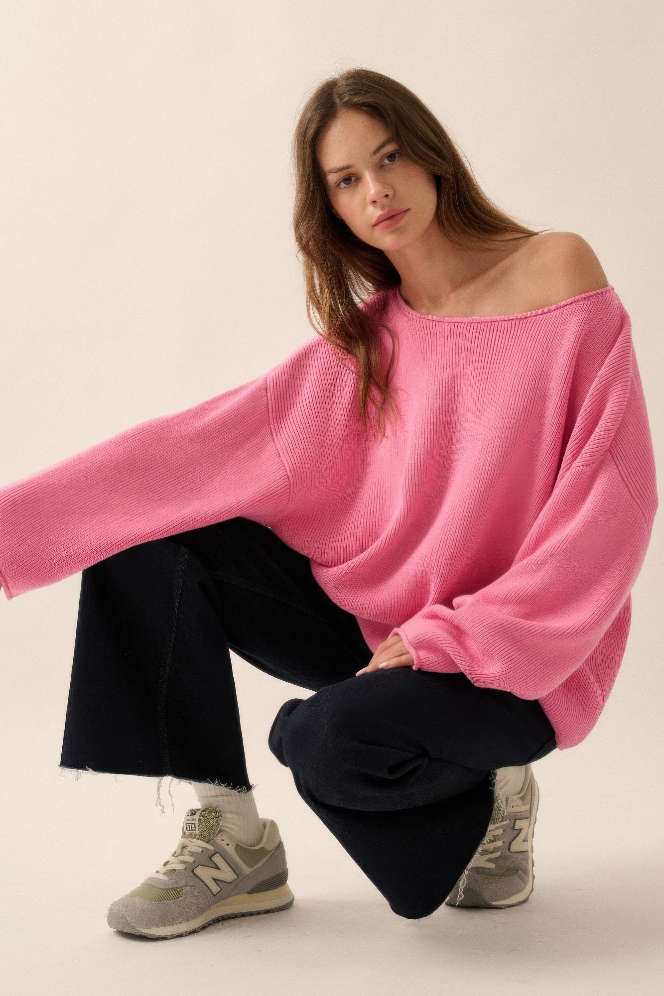 Solid Rib-knit Pink Oversized Boatneck Sweater Sweaters