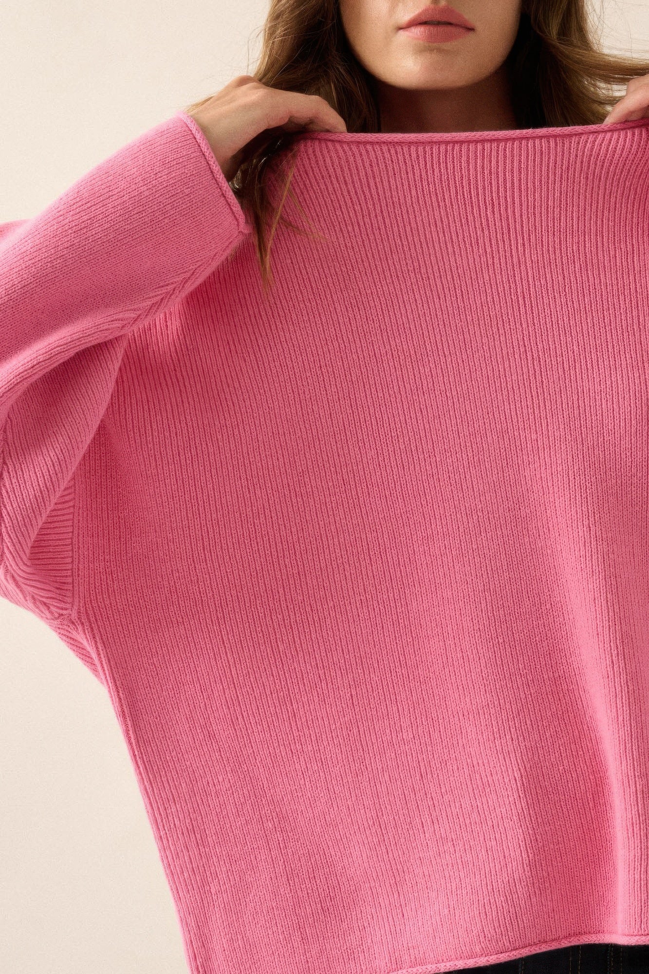 Solid Rib-knit Pink Oversized Boatneck Sweater Sweaters