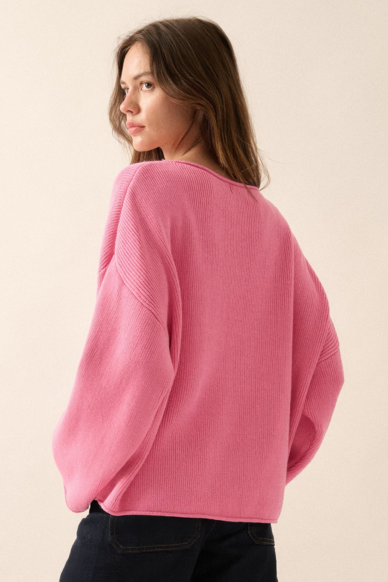 Solid Rib-knit Pink Oversized Boatneck Sweater Sweaters