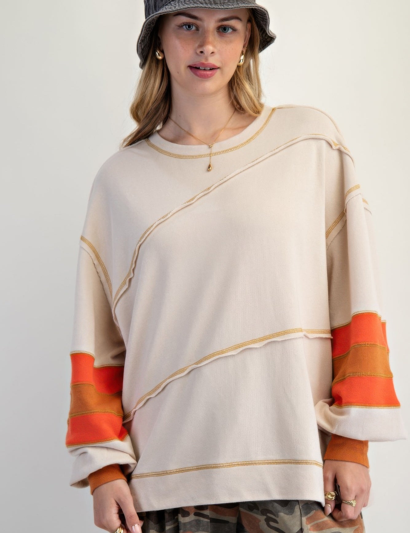 L Cotton Color Mix Embroidered Washed Pullover | Tops Daverri Fashions