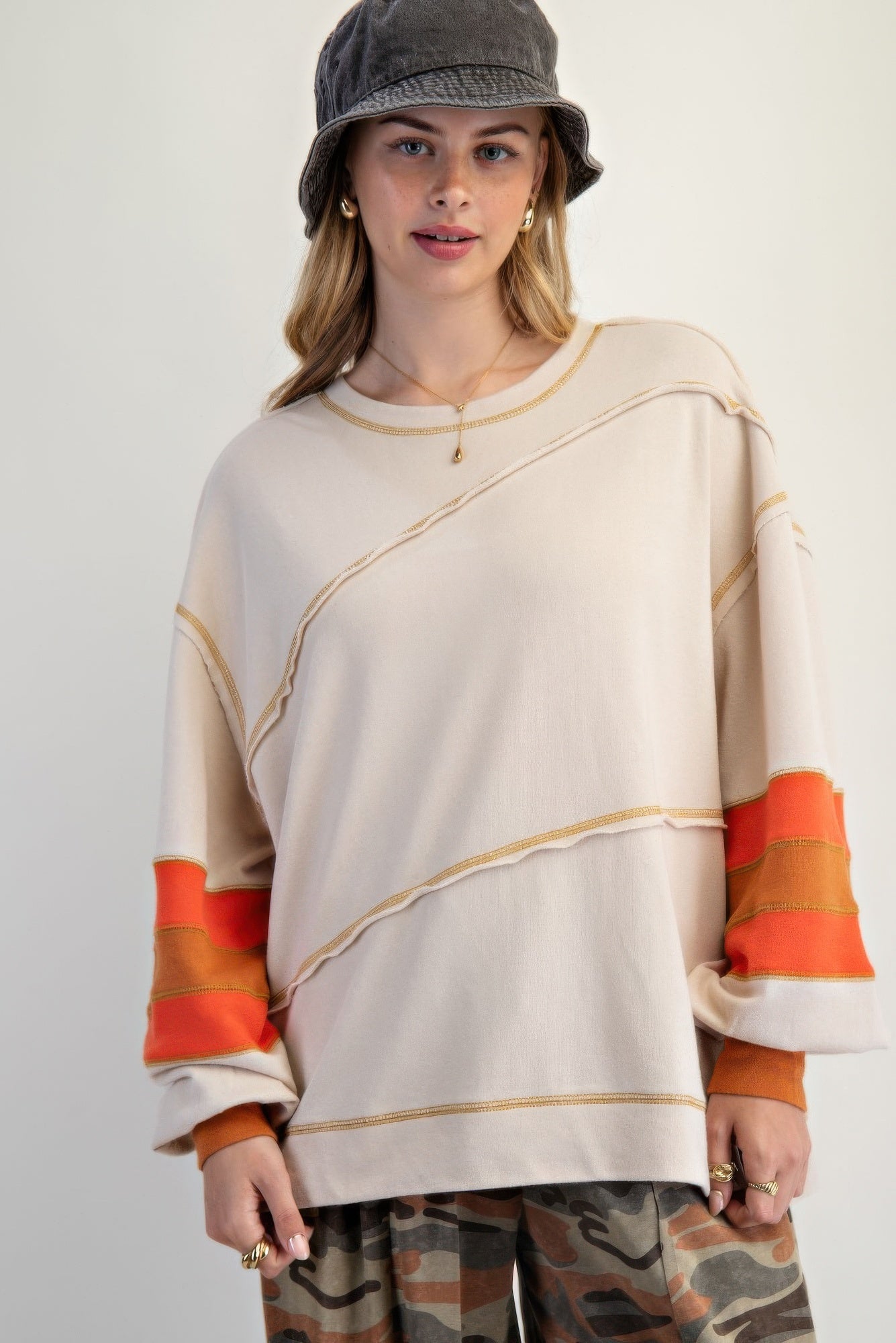 Cotton Color Mix Embroidered Washed Pullover L Tops