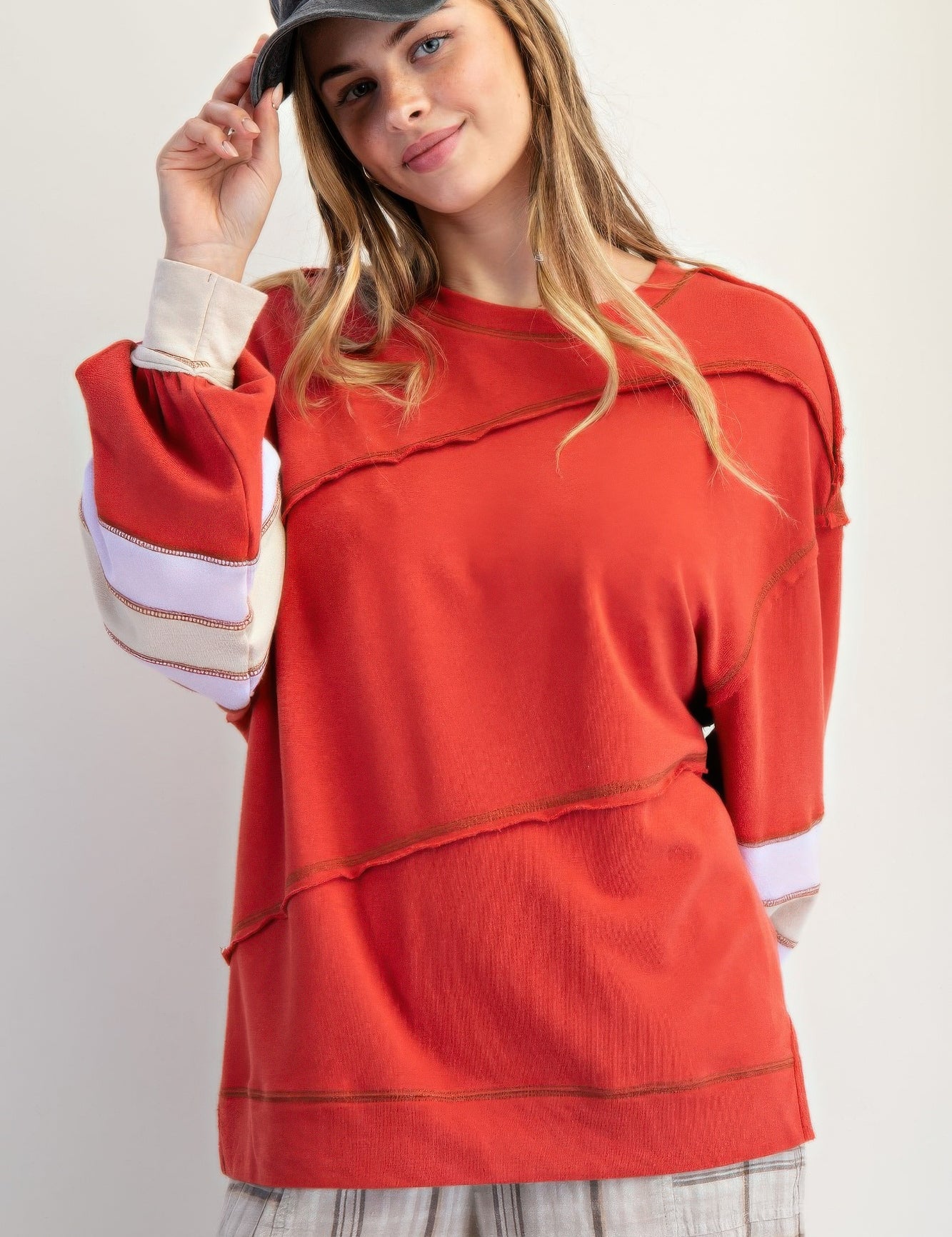 L Boho Red Cotton Color Mix Embroidered Washed Pullover | Tops Daverri Fashions