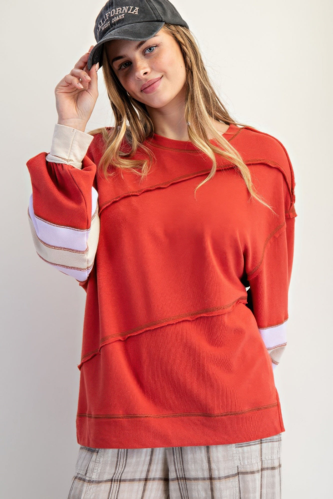 Boho Red Cotton Color Mix Embroidered Washed Pullover L Tops