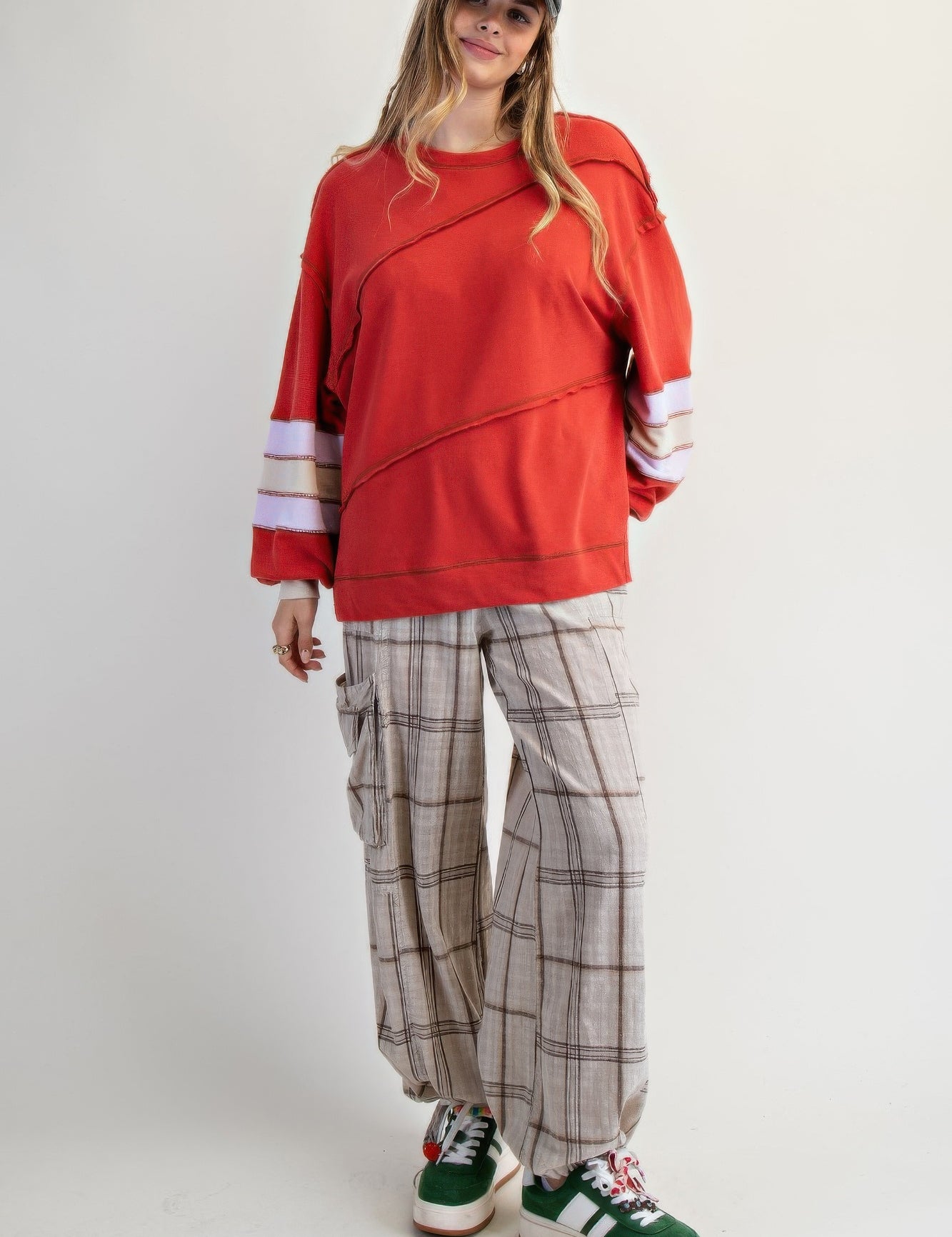 Boho Red Cotton Color Mix Embroidered Washed Pullover | Tops Daverri Fashions