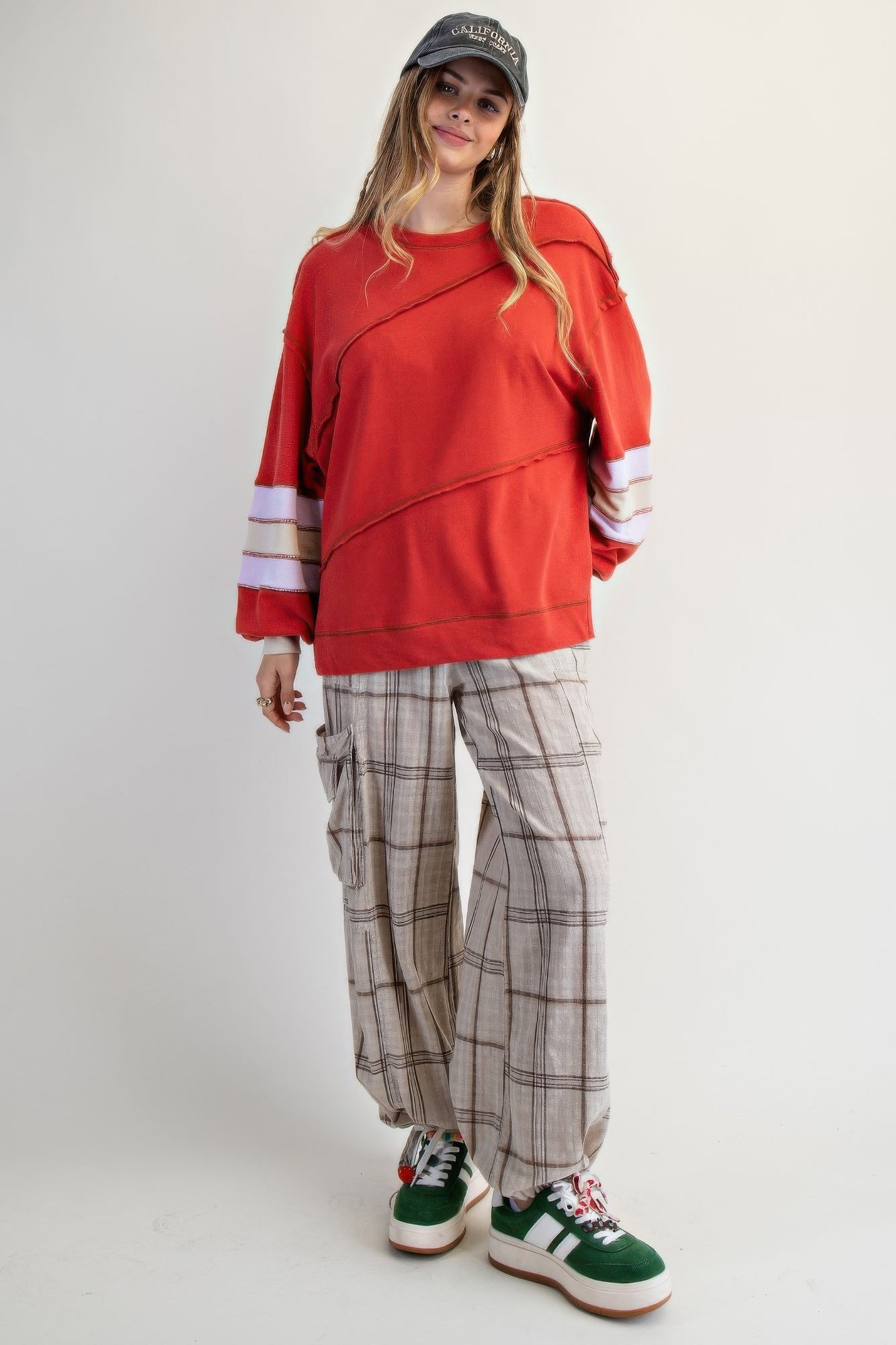 Boho Red Cotton Color Mix Embroidered Washed Pullover Tops