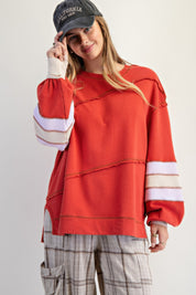 Boho Red Cotton Color Mix Embroidered Washed Pullover | Tops Daverri Fashions