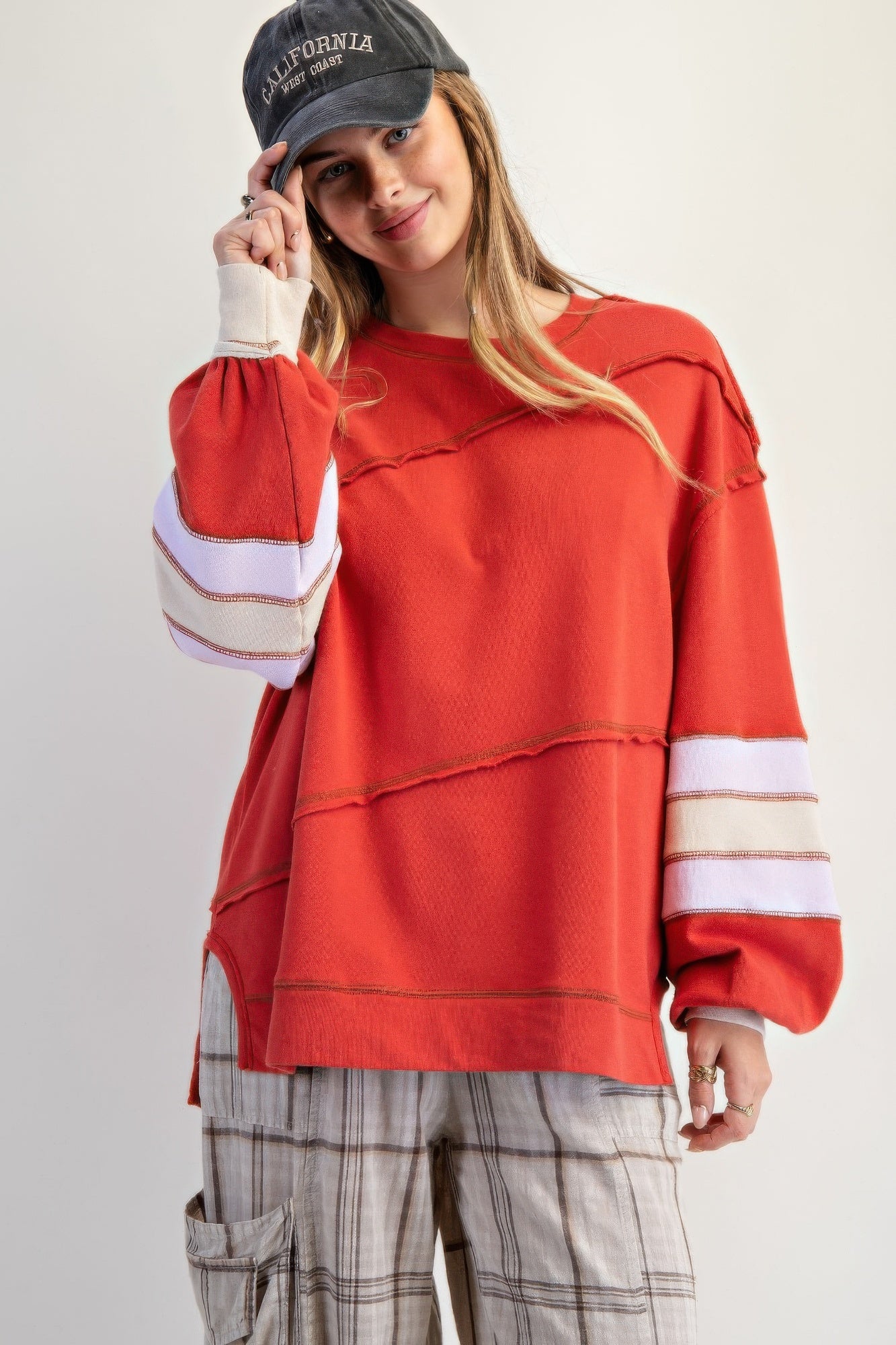 Boho Red Cotton Color Mix Embroidered Washed Pullover Tops