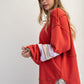 Boho Red Cotton Color Mix Embroidered Washed Pullover Tops