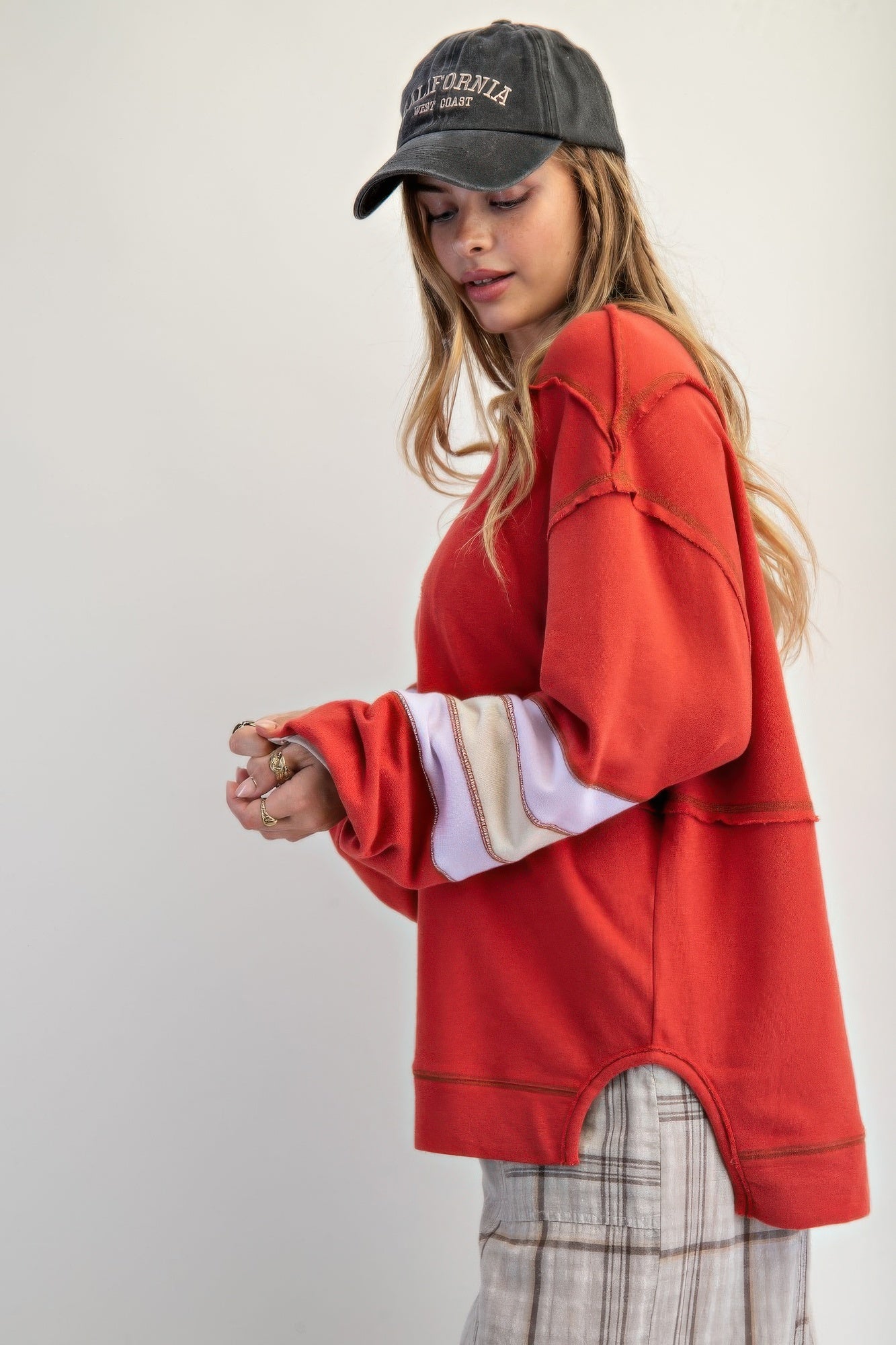 Boho Red Cotton Color Mix Embroidered Washed Pullover Tops