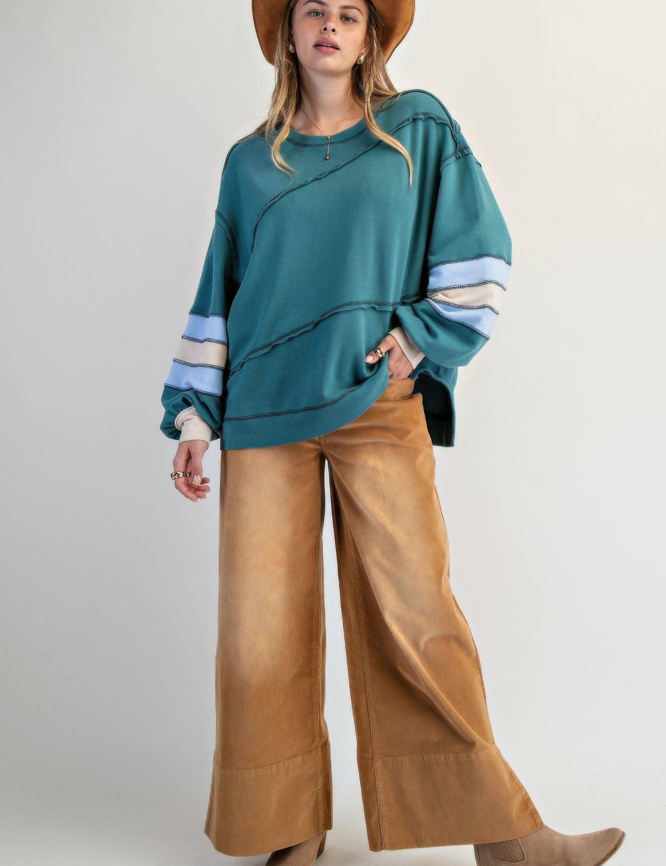 Teal Cotton Color Mix Embroidered Washed Pullover | Tops Daverri Fashions