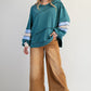 Teal Cotton Color Mix Embroidered Washed Pullover Tops