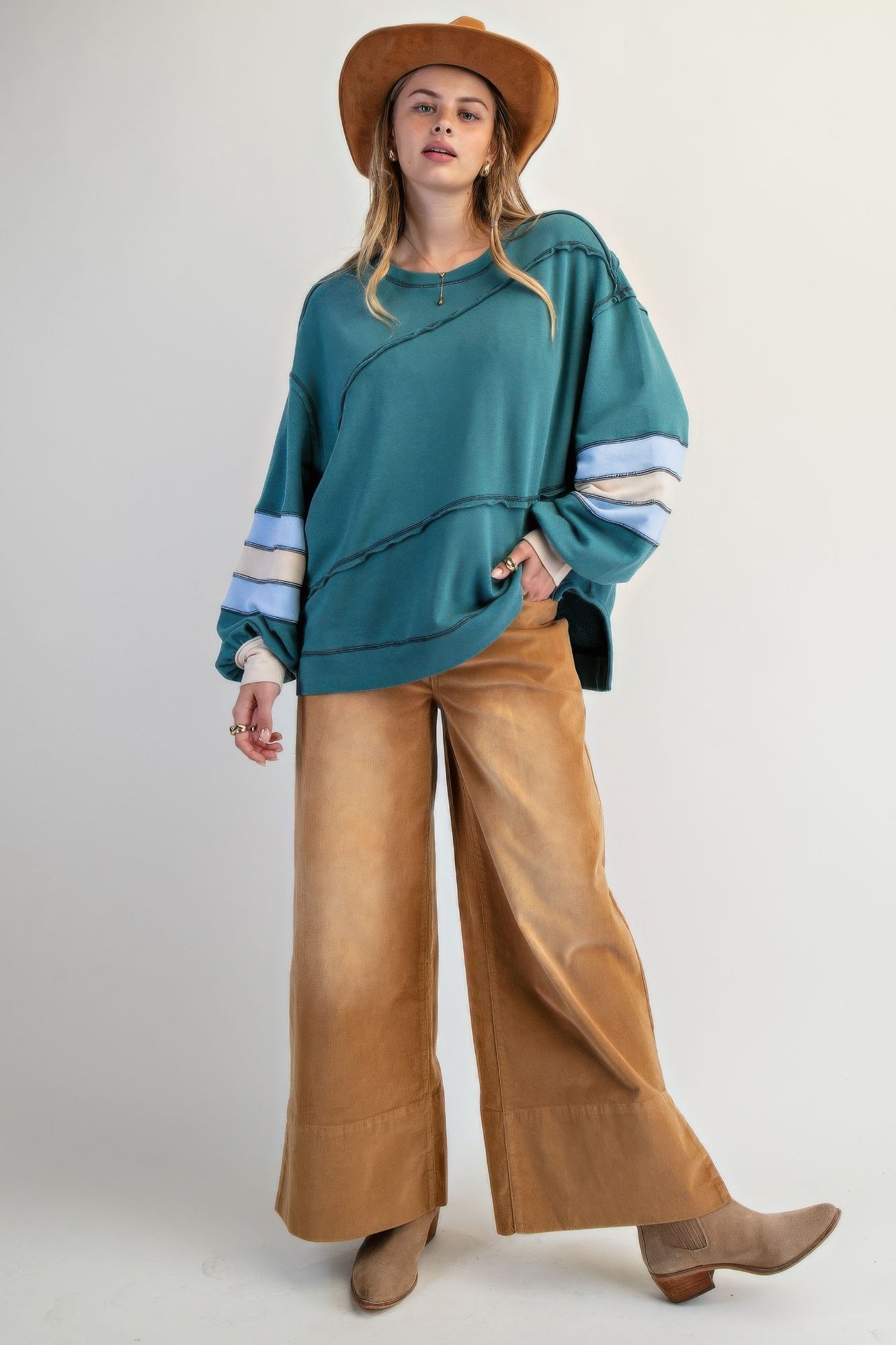 Teal Cotton Color Mix Embroidered Washed Pullover Tops