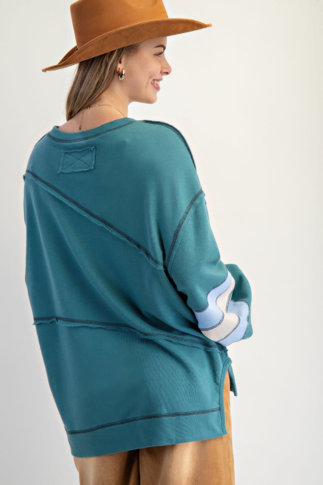 Teal Cotton Color Mix Embroidered Washed Pullover Tops