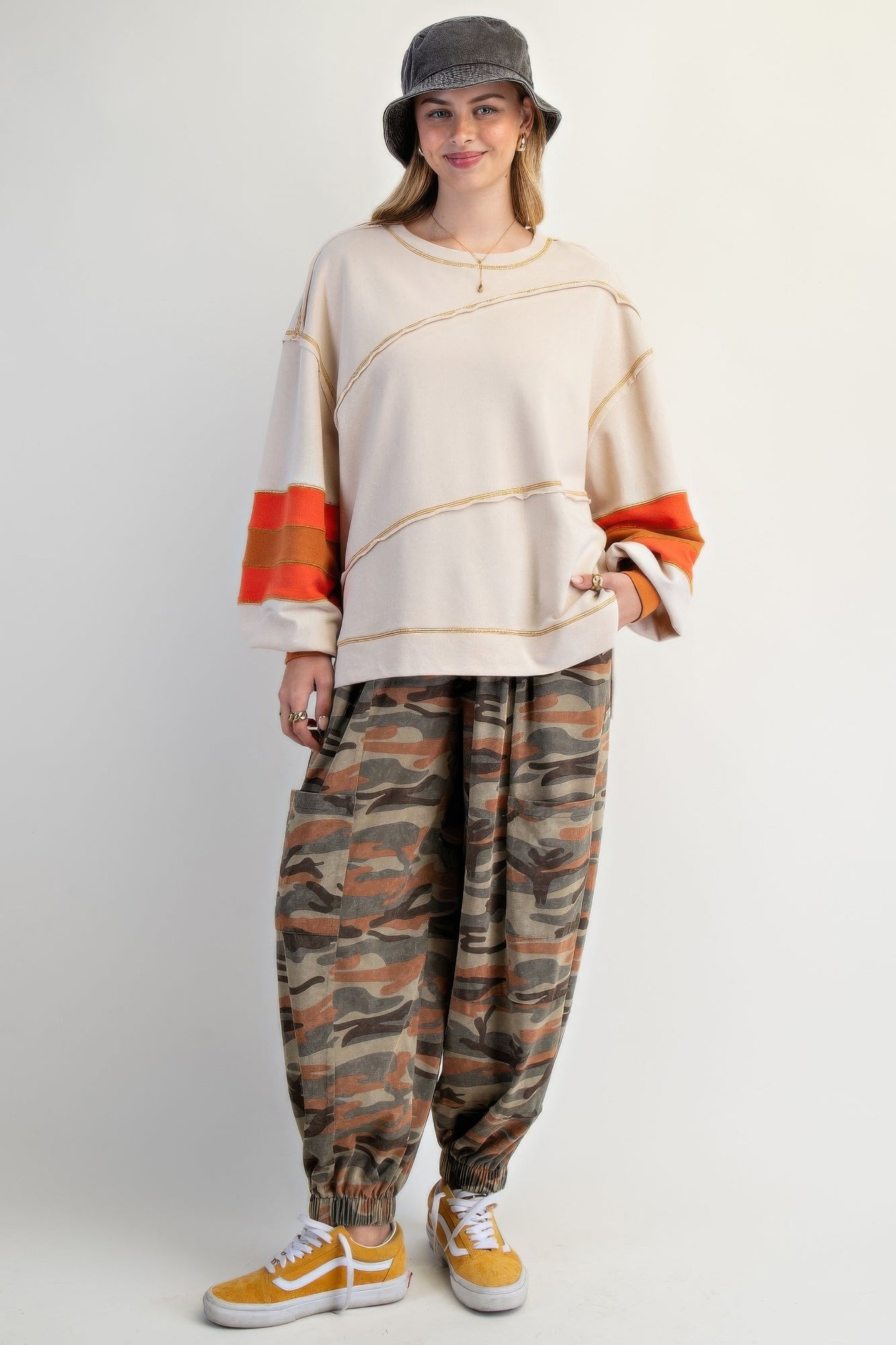 Cotton Color Mix Embroidered Washed Pullover Tops