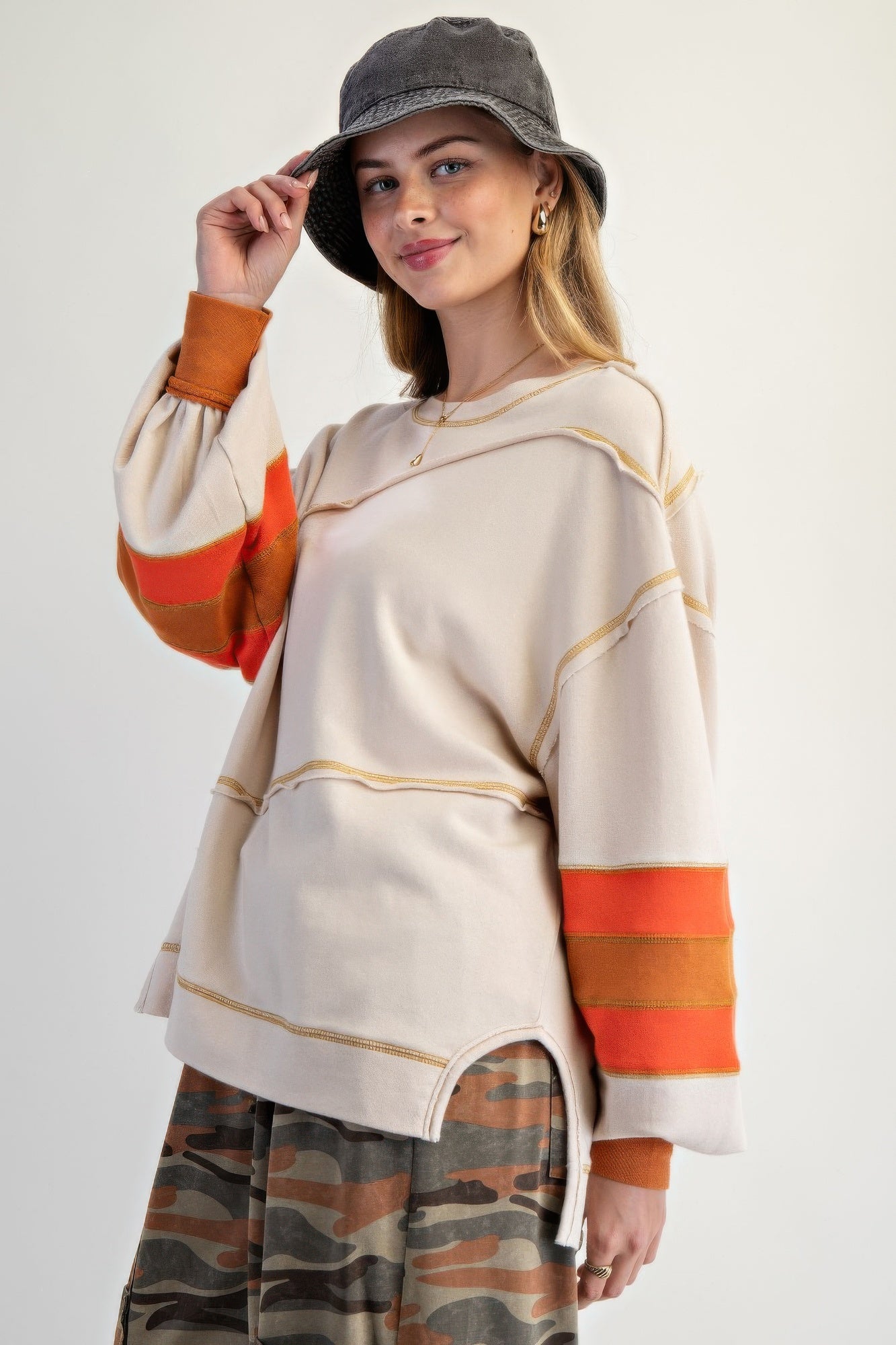 Cotton Color Mix Embroidered Washed Pullover Tops