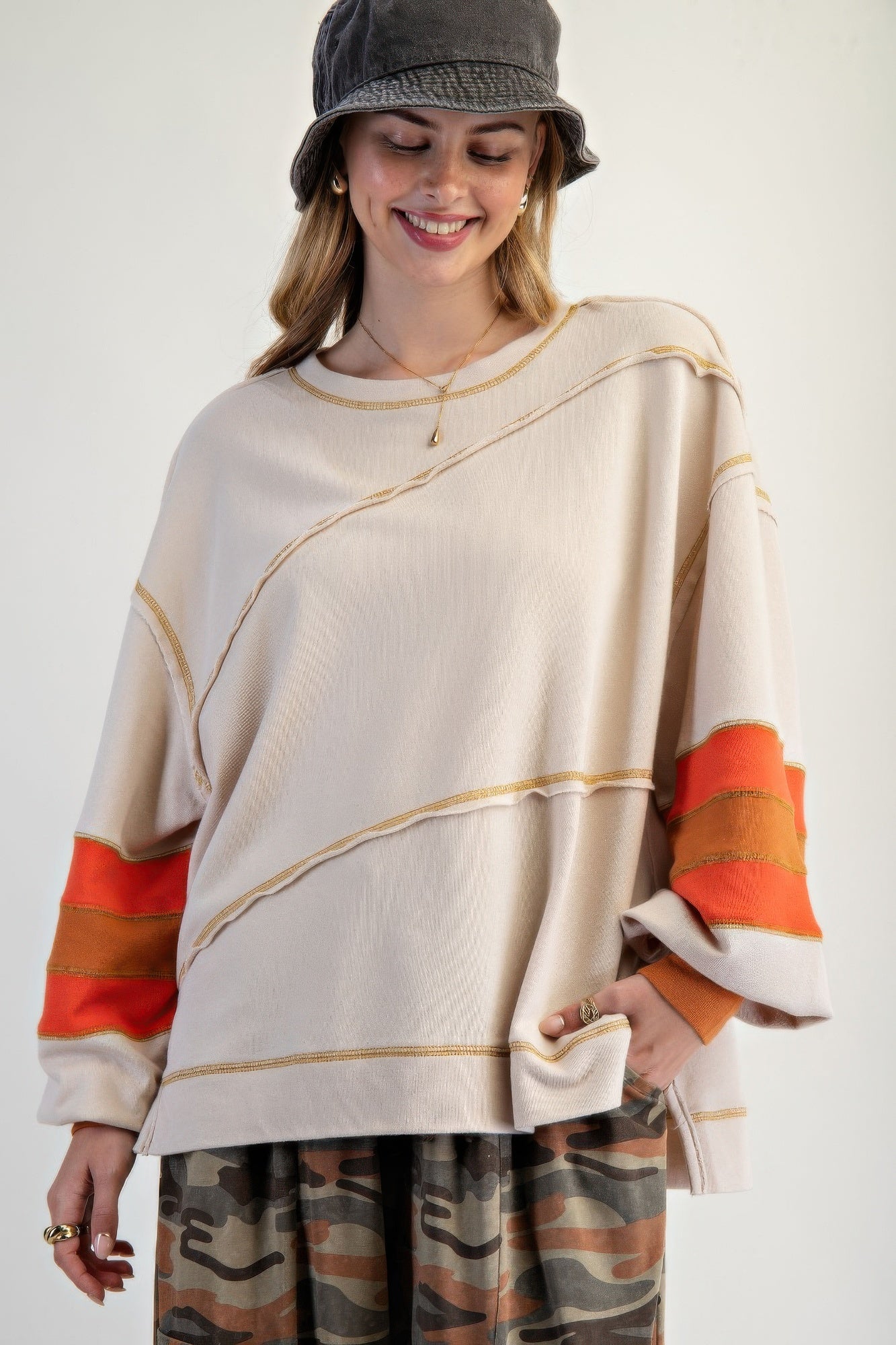 Cotton Color Mix Embroidered Washed Pullover Tops