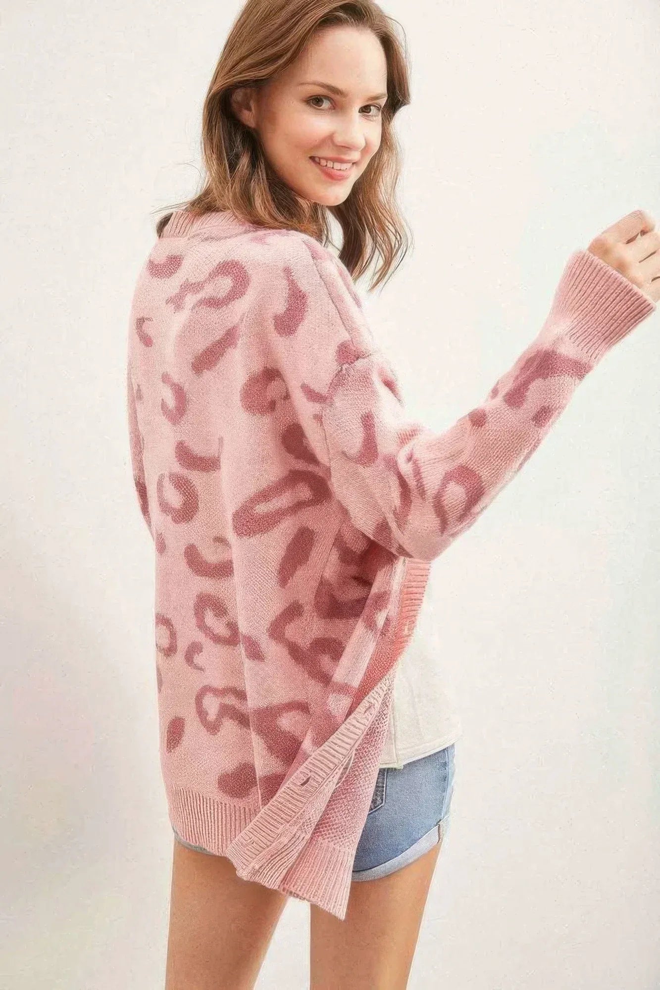 Leopard Button Down Cardigan Pink - DAVERRI FASHIONS