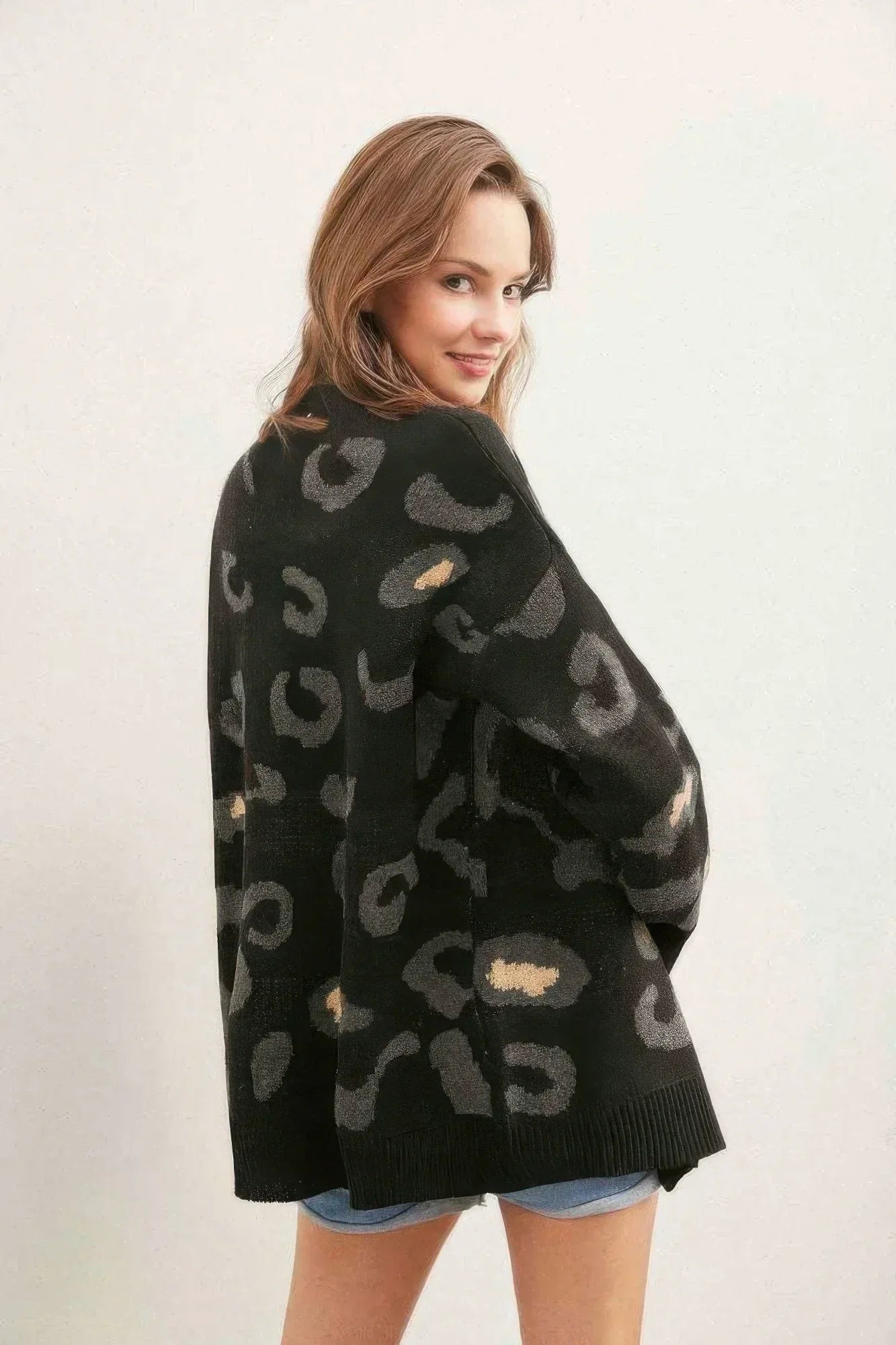 Leopard Button Down Cardigan Black - DAVERRI FASHIONS