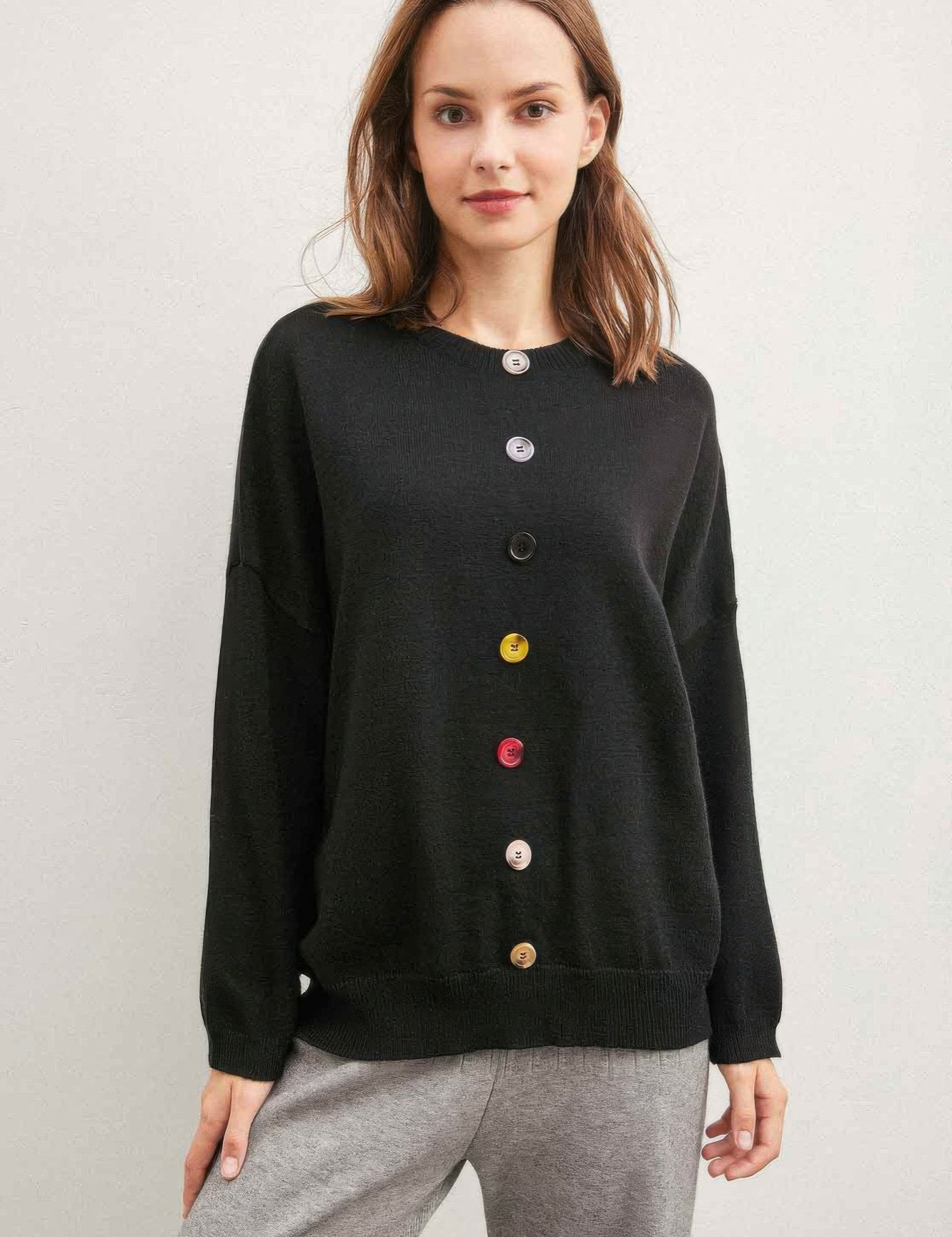 Colorful Buttons Black Solid Sweater | Sweaters Daverri Fashions