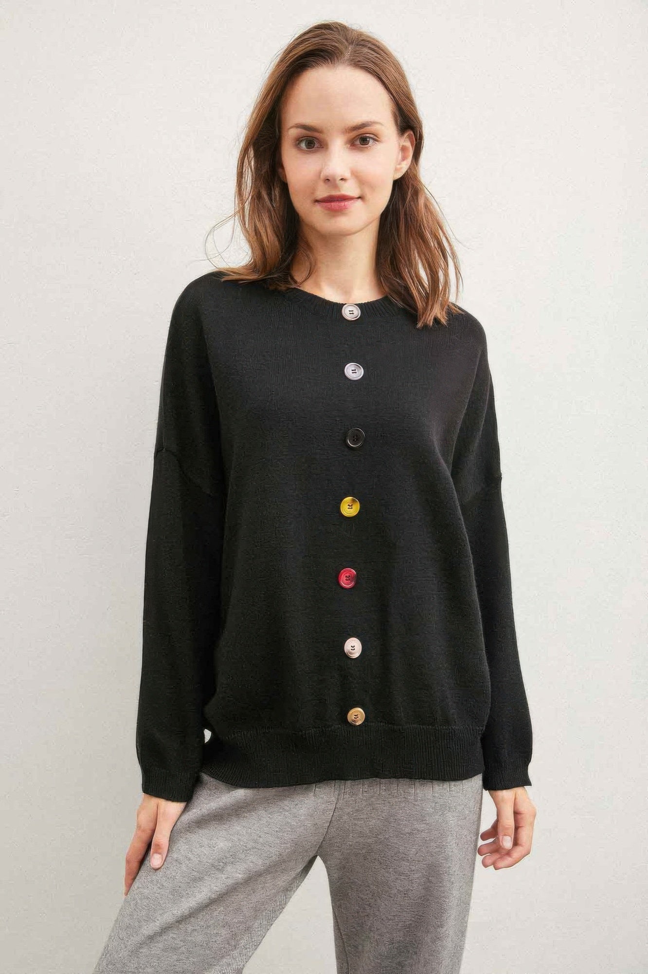 Colorful Buttons Black Solid Sweater | Sweaters Daverri Fashions