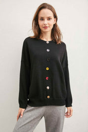 Colorful Buttons Black Solid Sweater | Sweaters Daverri Fashions