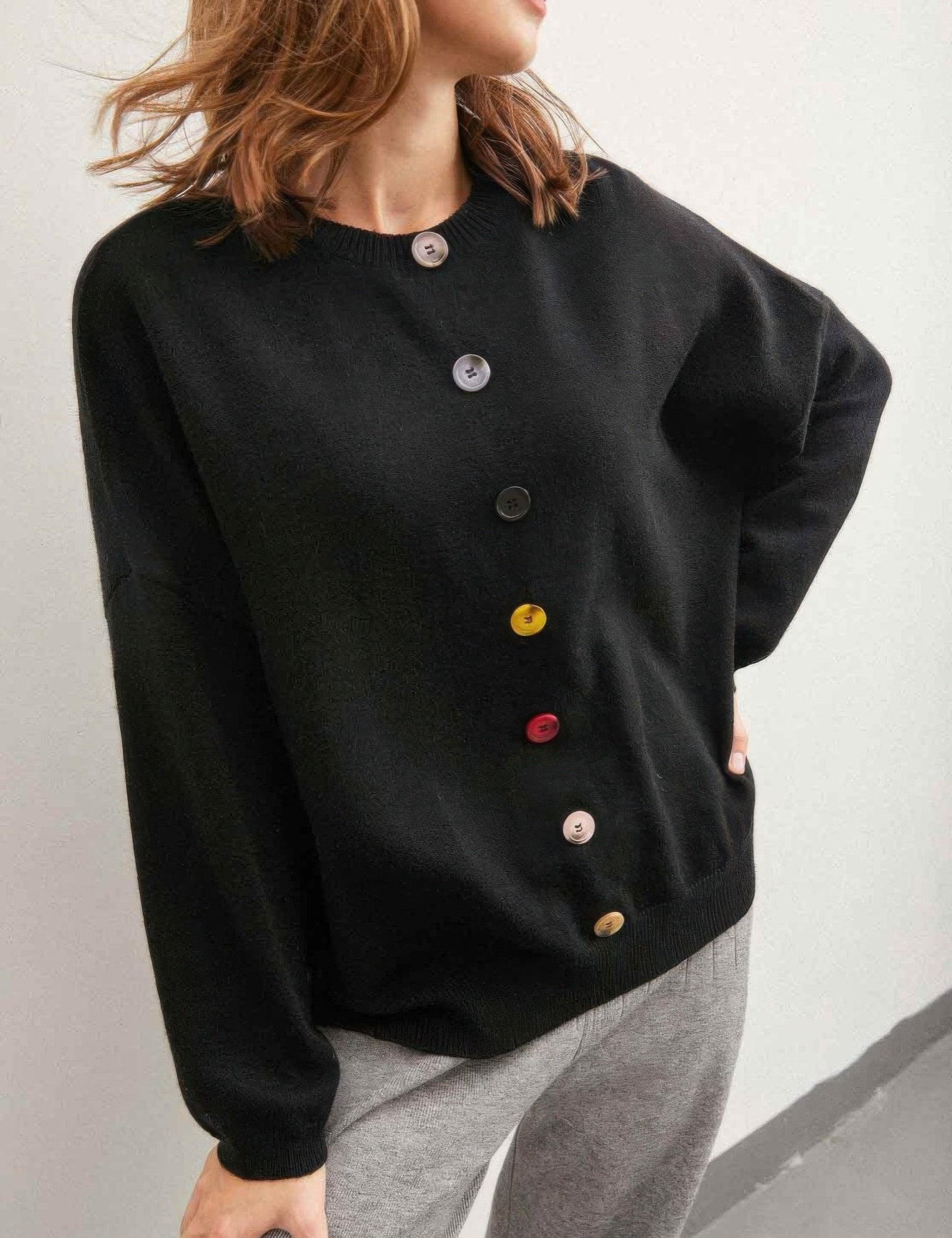 Colorful Buttons Black Solid Sweater | Sweaters Daverri Fashions