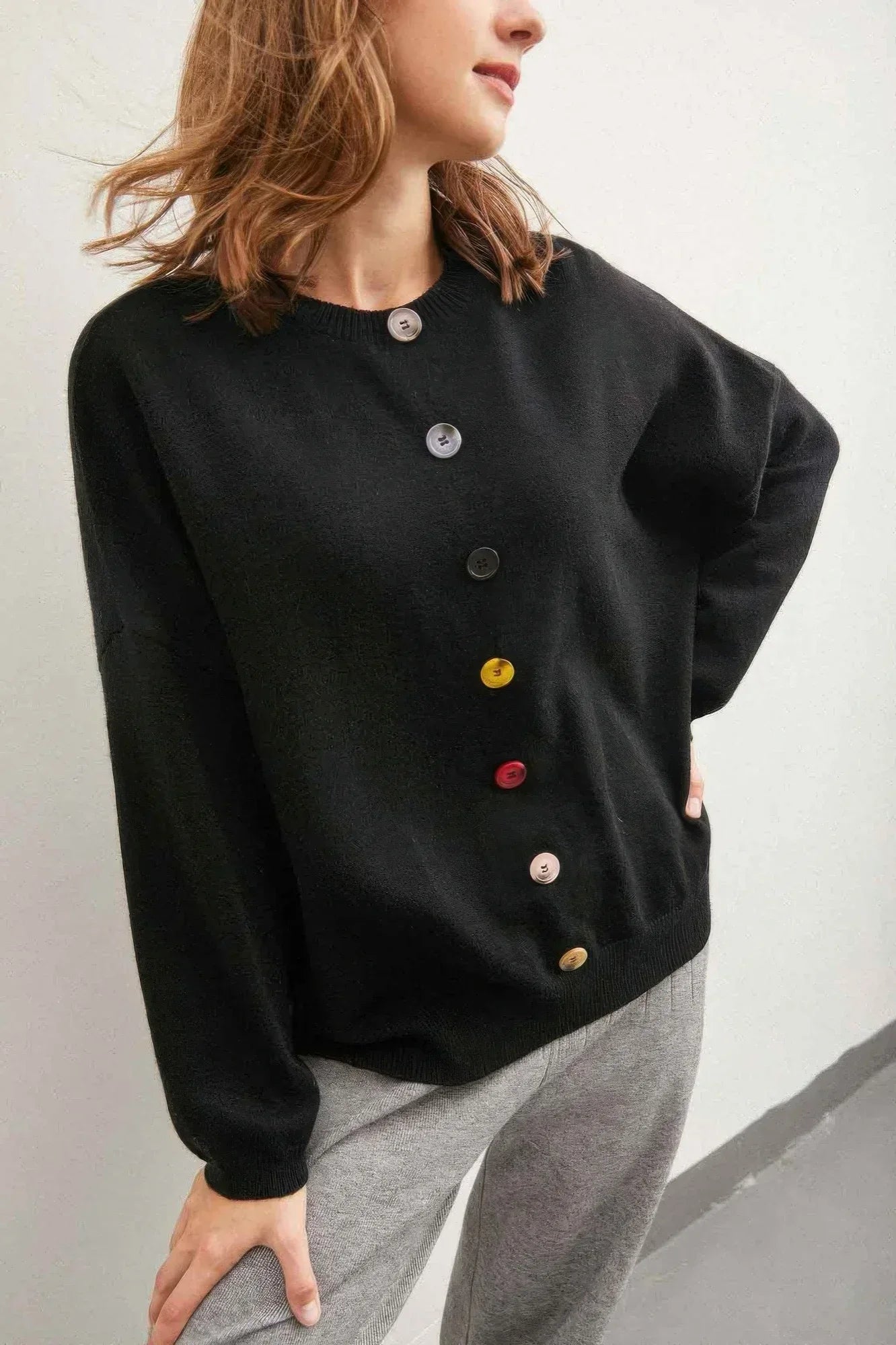 Colorful Buttons Black Solid Sweater - DAVERRI FASHIONS
