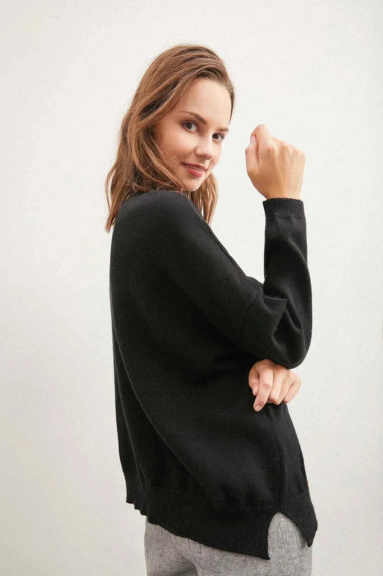 Colorful Buttons Black Solid Sweater - DAVERRI FASHIONS