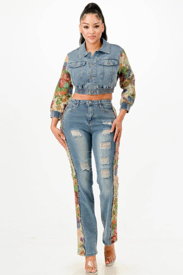L Tapestry Contrast Denim Set | Outfit Sets Daverri Fashions