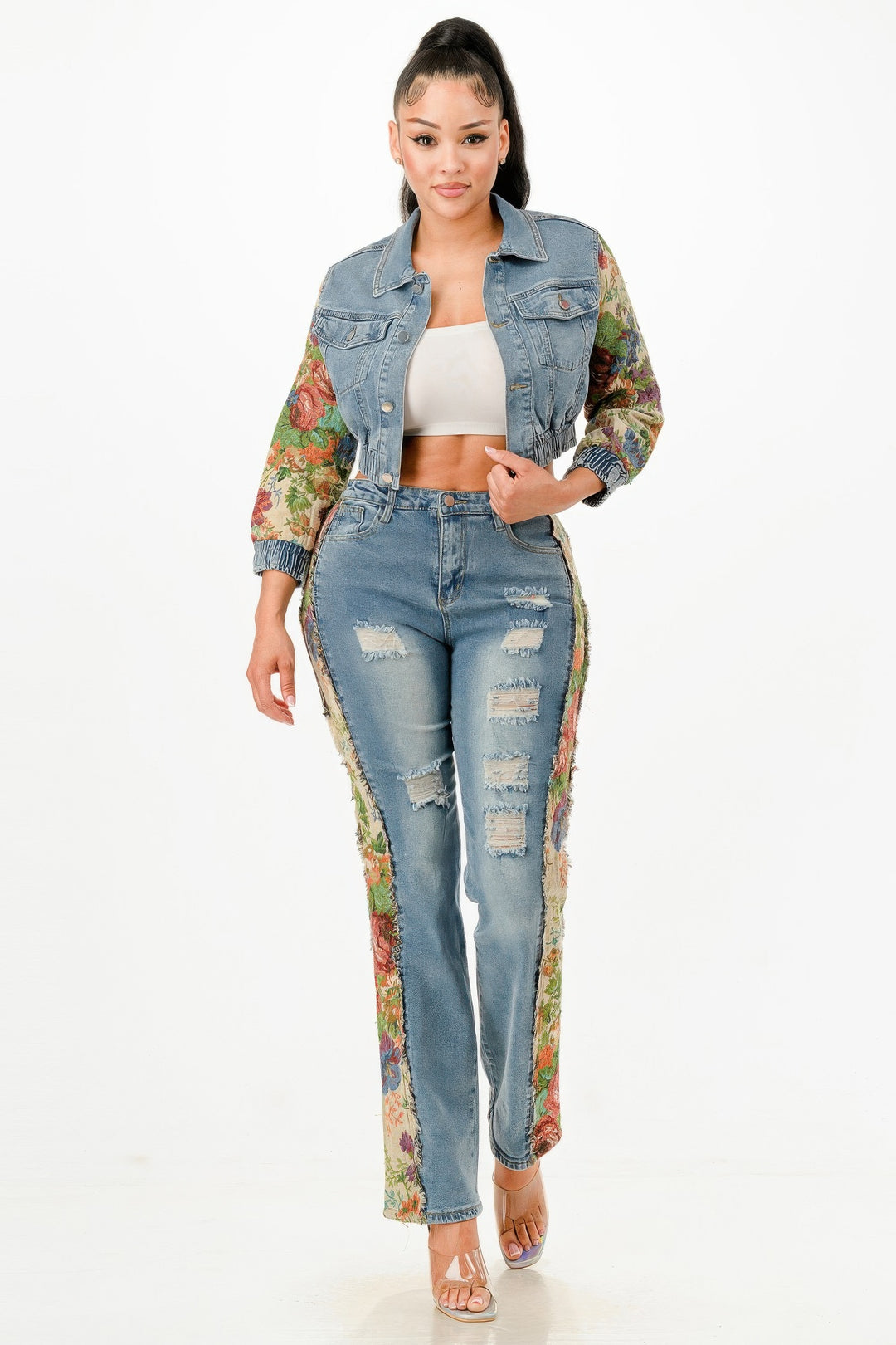 Tapestry Contrast Denim Set | Outfit Sets Daverri Fashions
