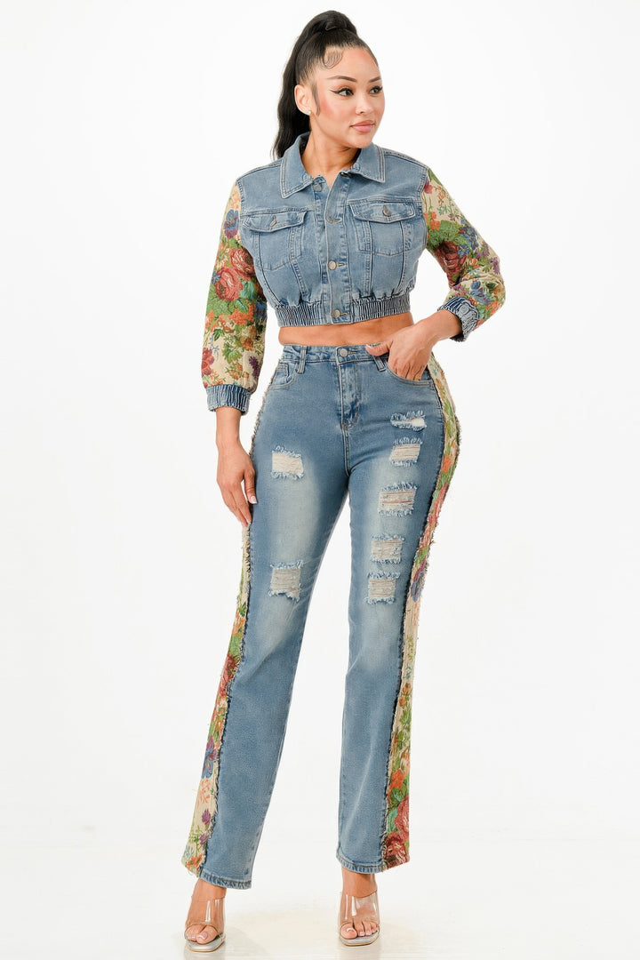Tapestry Contrast Denim Set | Outfit Sets Daverri Fashions