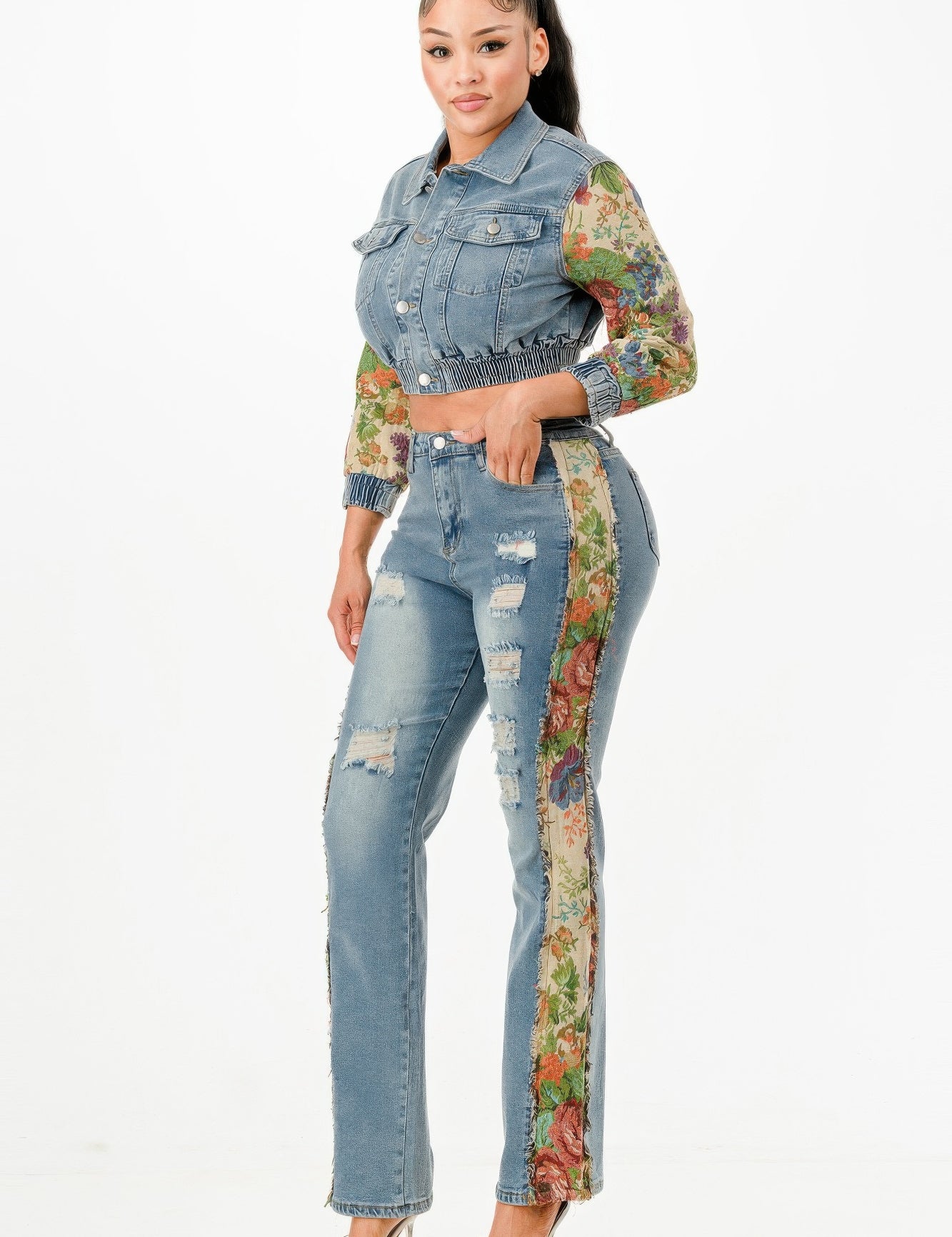 Tapestry Contrast Denim Set | Outfit Sets Daverri Fashions
