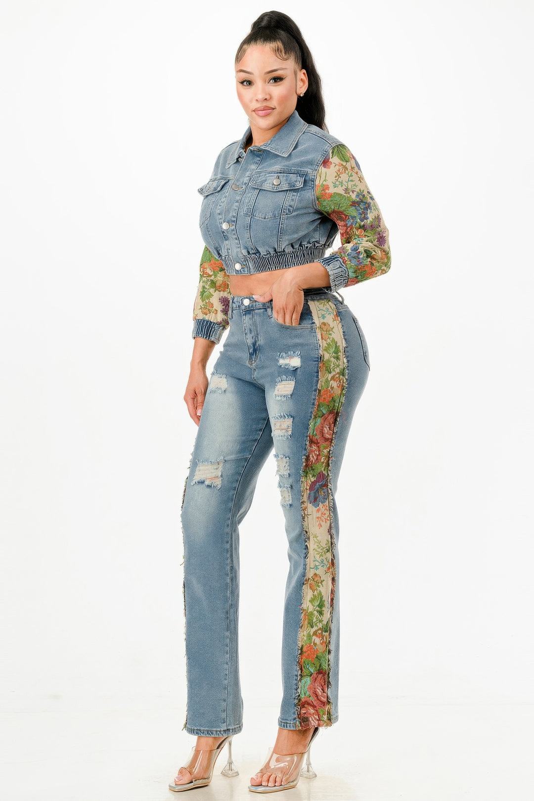 Tapestry Contrast Denim Set | Outfit Sets Daverri Fashions