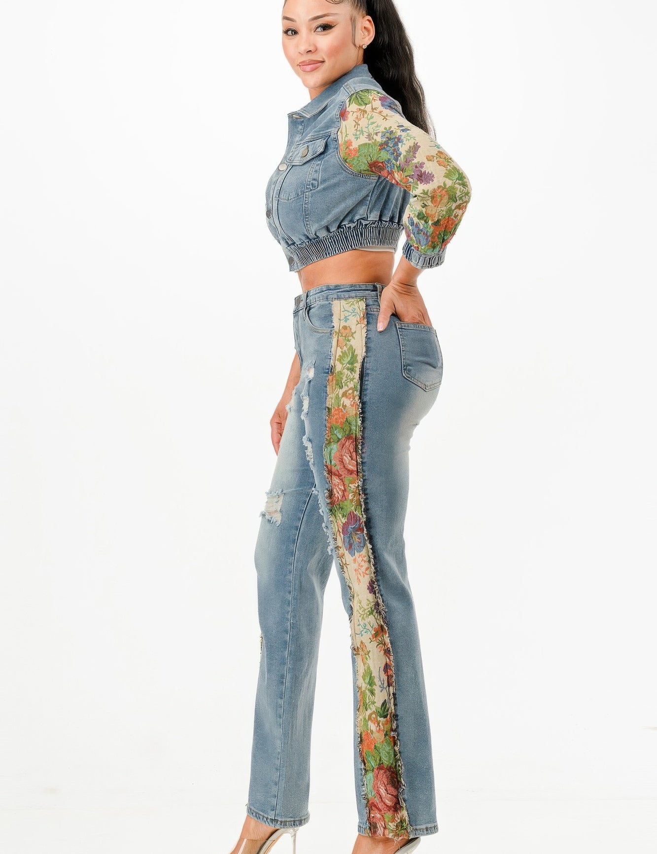 Tapestry Contrast Denim Set | Outfit Sets Daverri Fashions