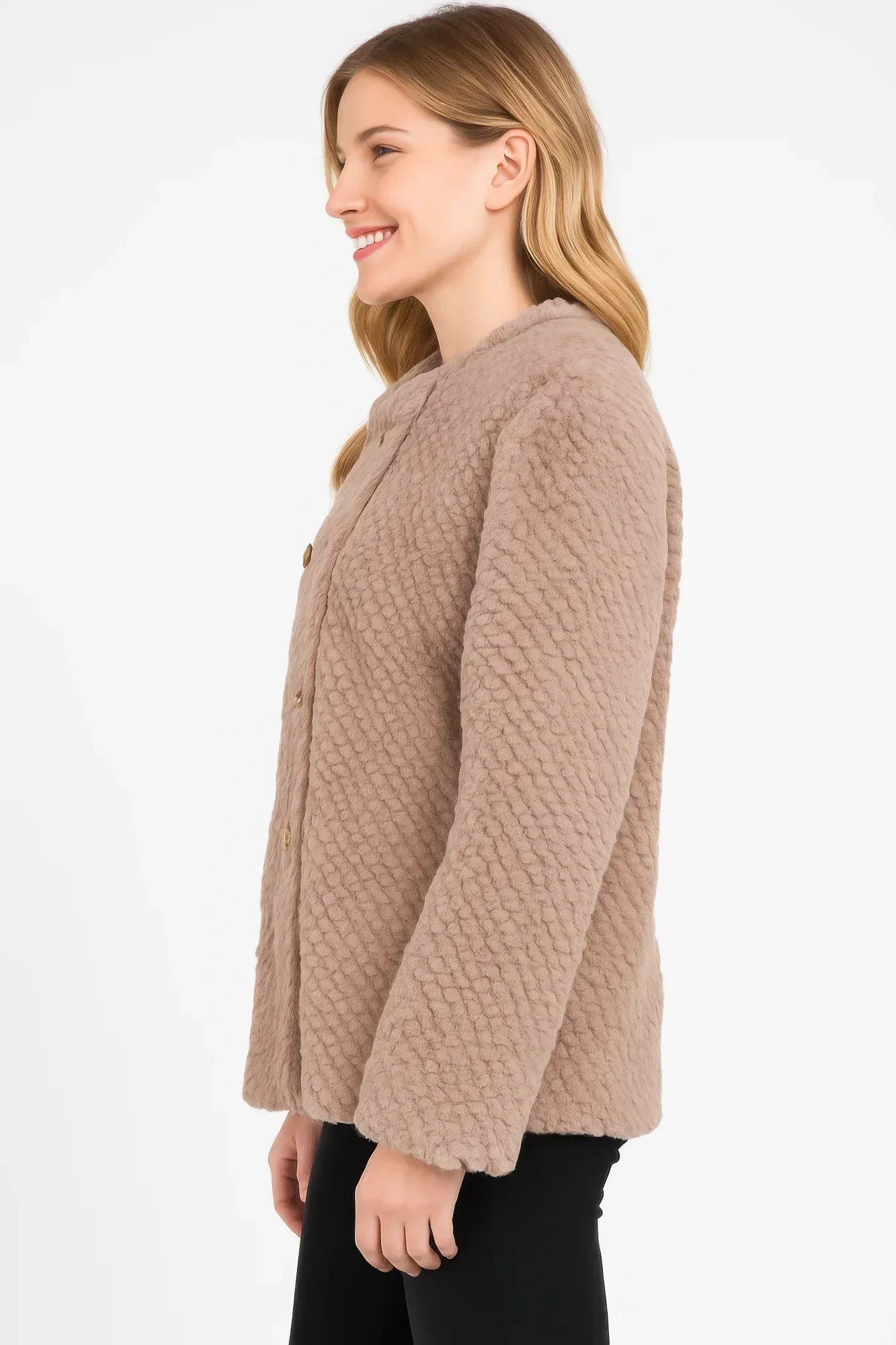 Textured Double-breasted Faux Shearling Jacket - DAVERRI FASHIONS