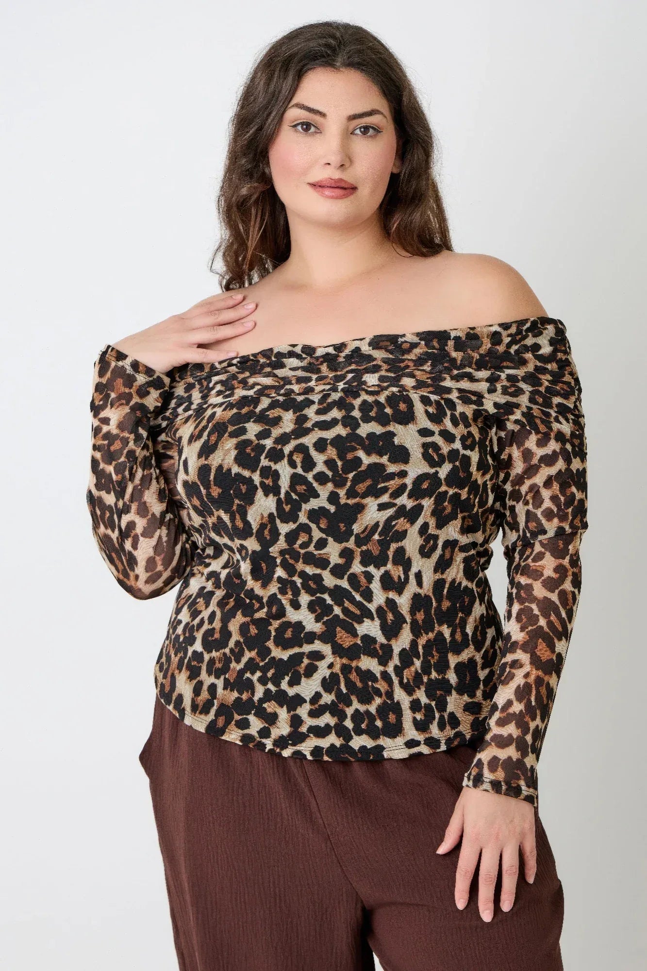 Plus Size Leopard Print Off-the-shoulder Blouse - DAVERRI FASHIONS