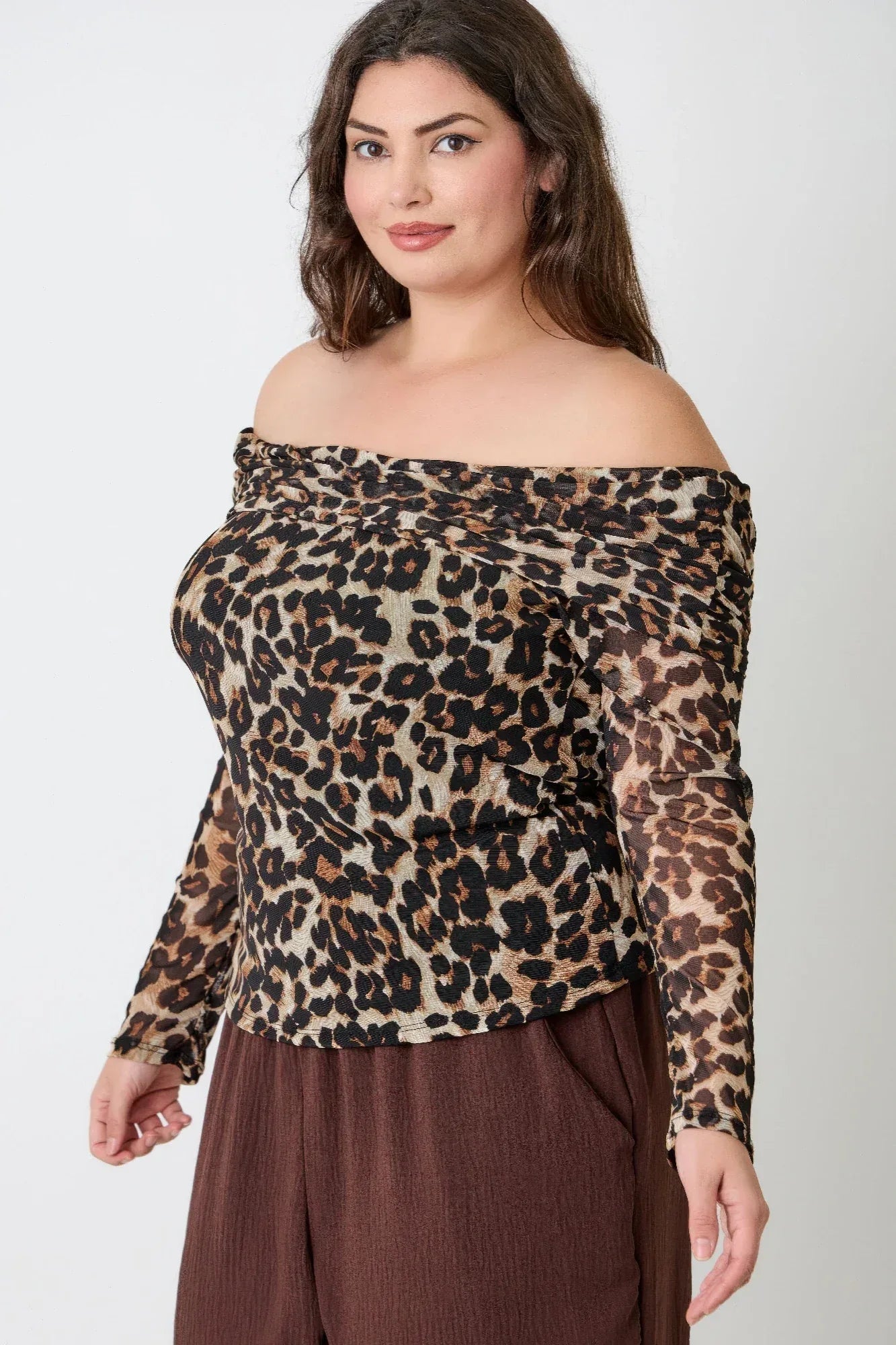 Plus Size Leopard Print Off-the-shoulder Blouse - DAVERRI FASHIONS