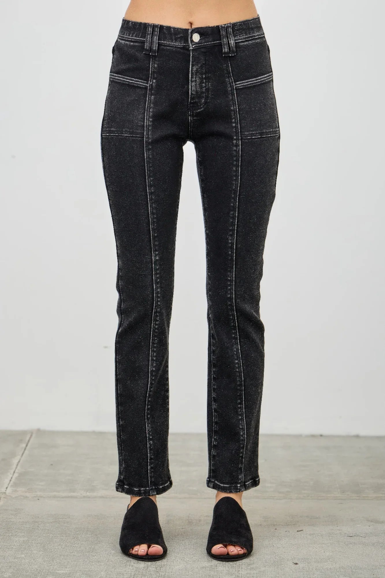 Black acid mid-rise slim straight denim jeans with white stitching