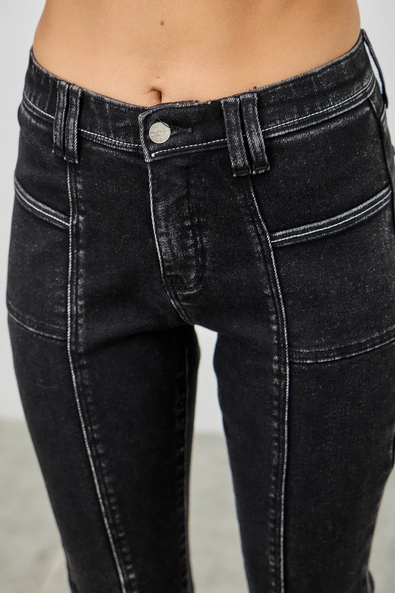 Saige Denim Black Acid mid-rise slim straight jeans with white stitching