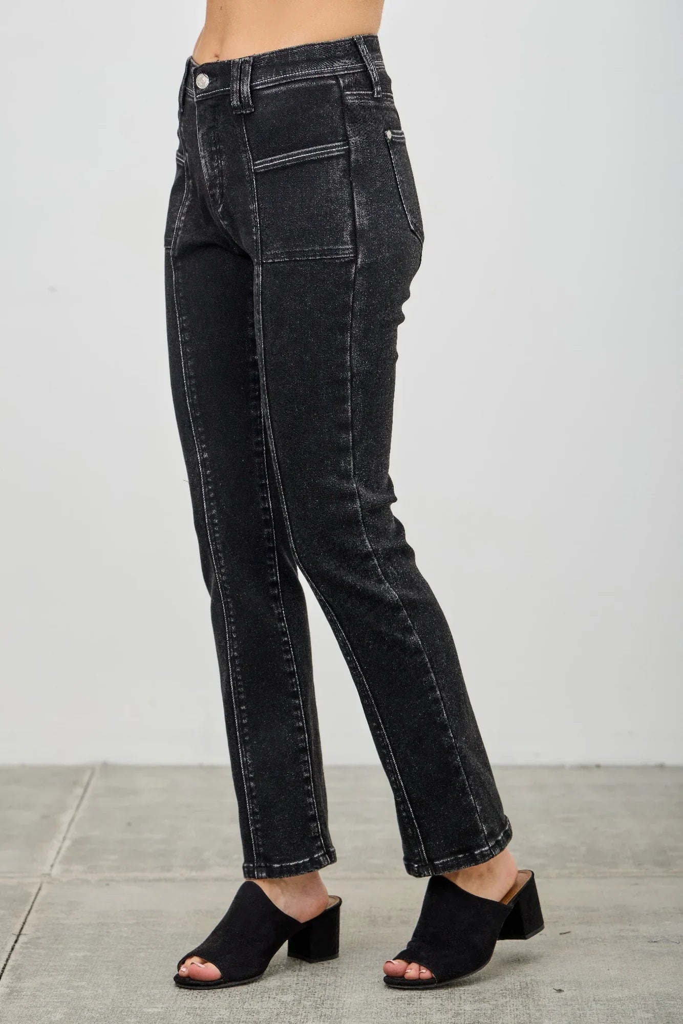 Black Saige high-rise straight-leg jeans with faded distressed finish and white stitching