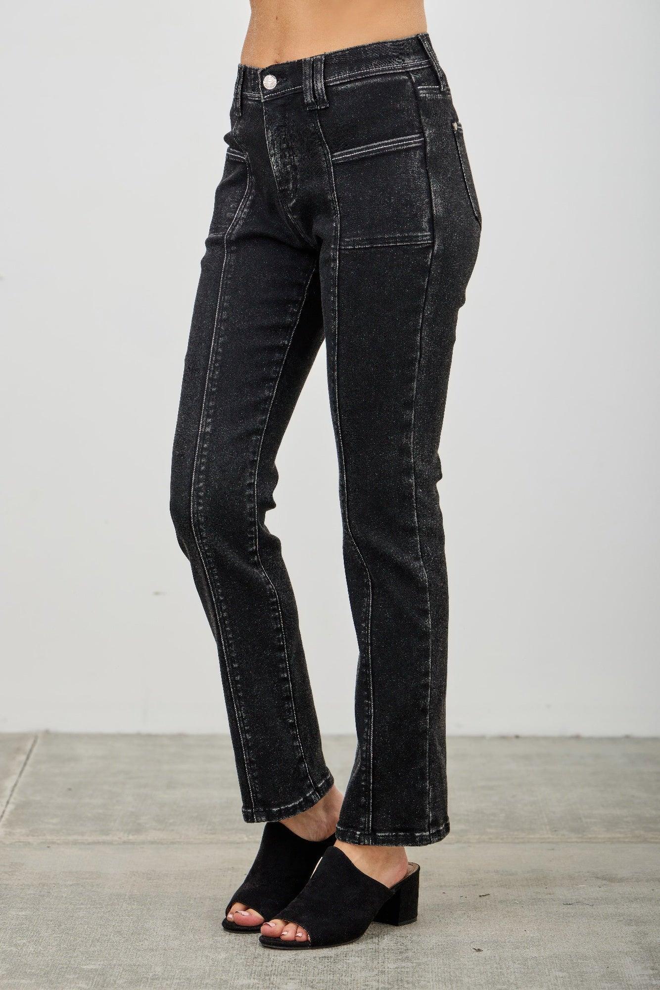 Black Saige acid wash mid-rise slim straight jeans with distressed finish