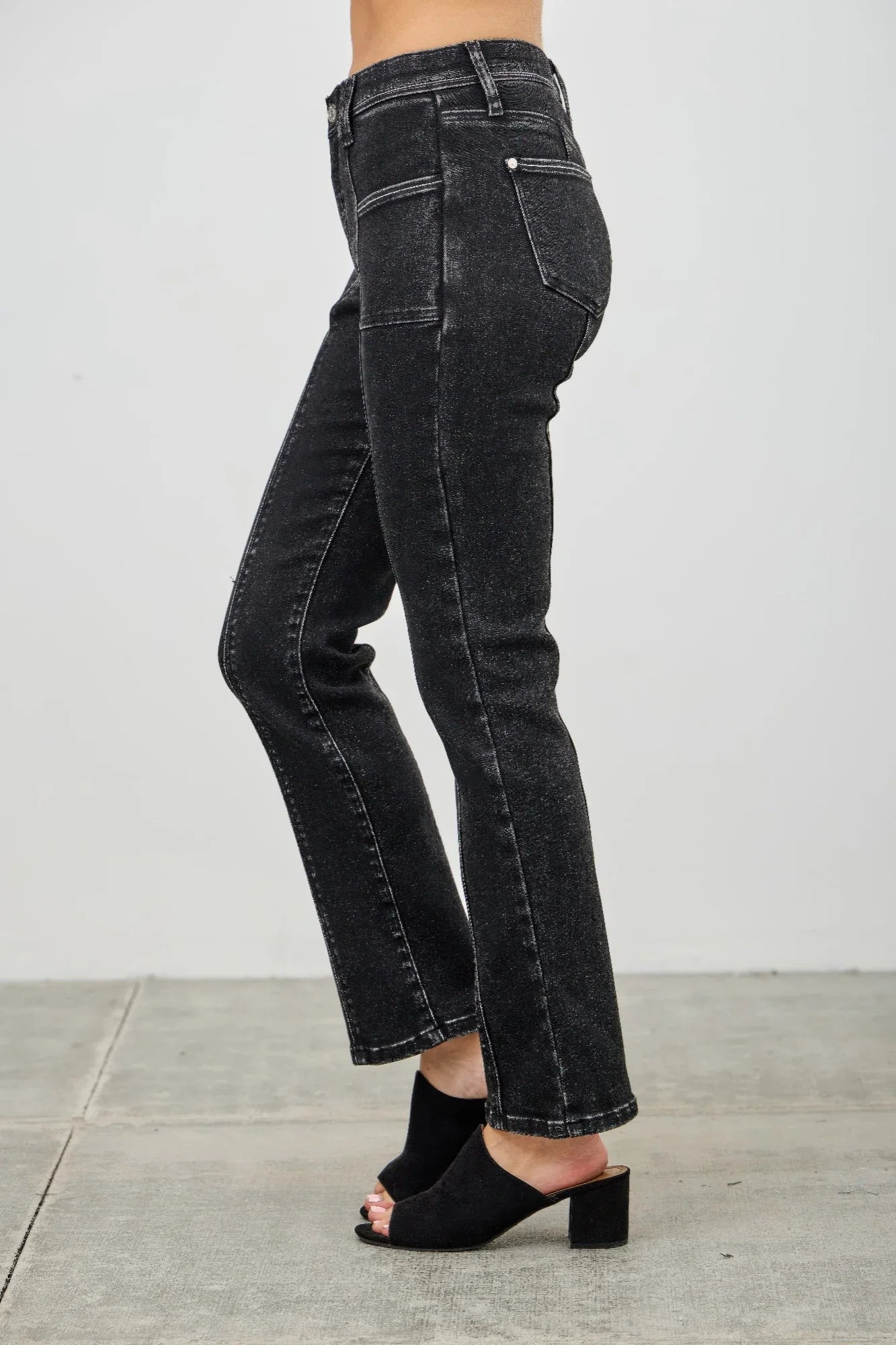 Saige Denim Black Acid Mid Rise Slim Straight Jeans with distressed finish
