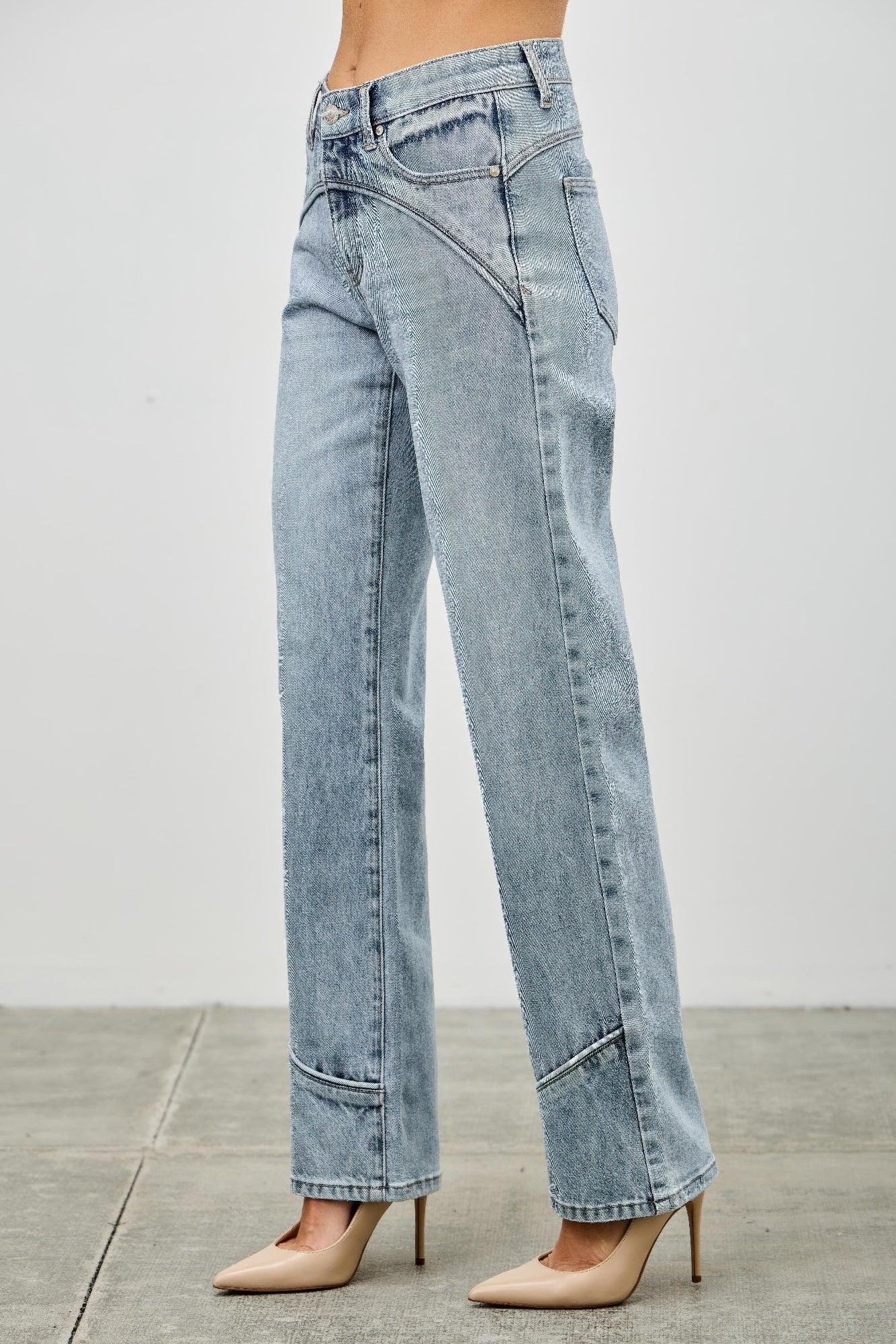 Saige Denim Piping Detail high-rise wide-leg jeans with stitching