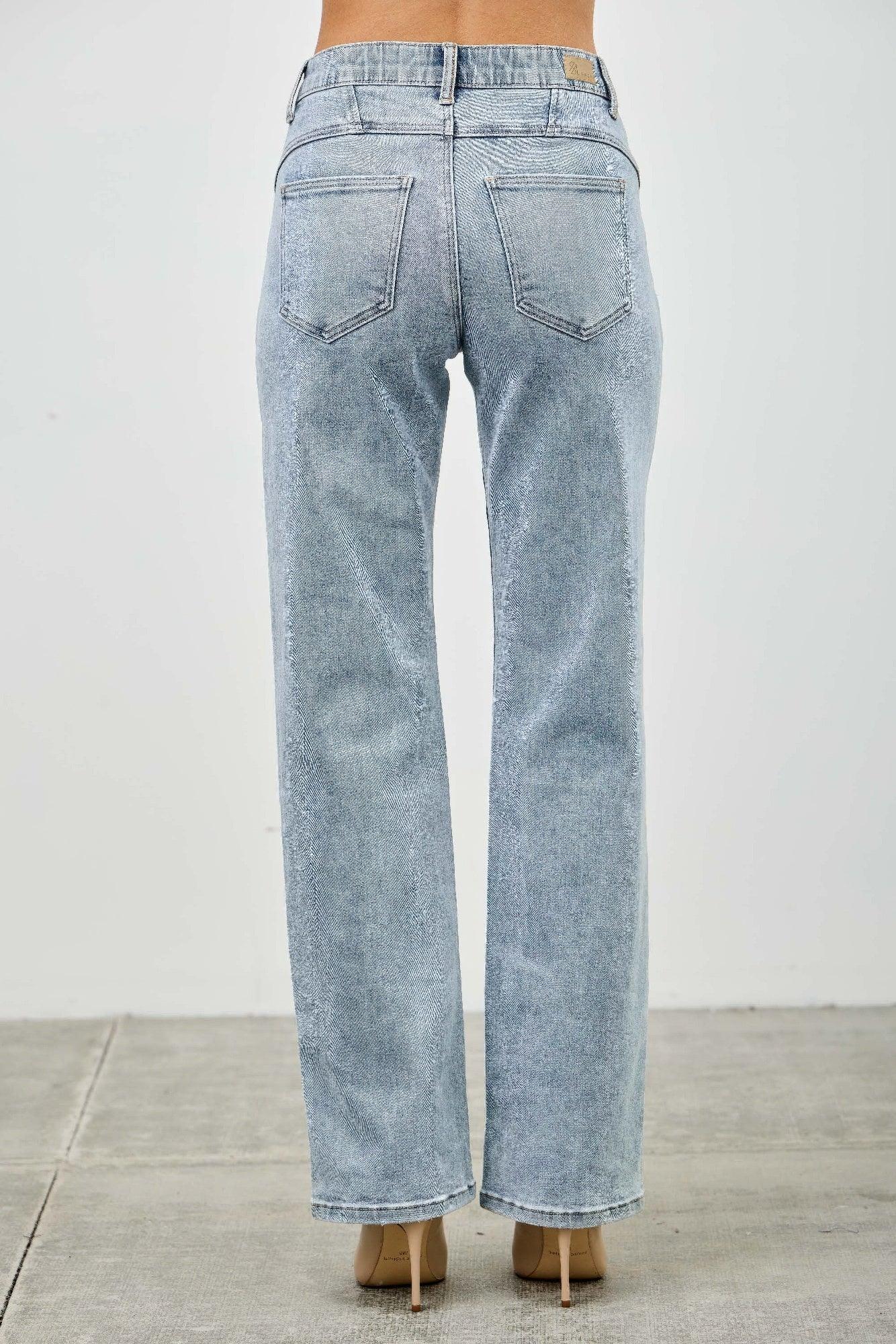 Saige Denim Piping Detail Mid Rise Straight Jeans in light-wash