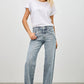 Light-wash Saige denim straight-leg jeans with piping and rolled cuffs