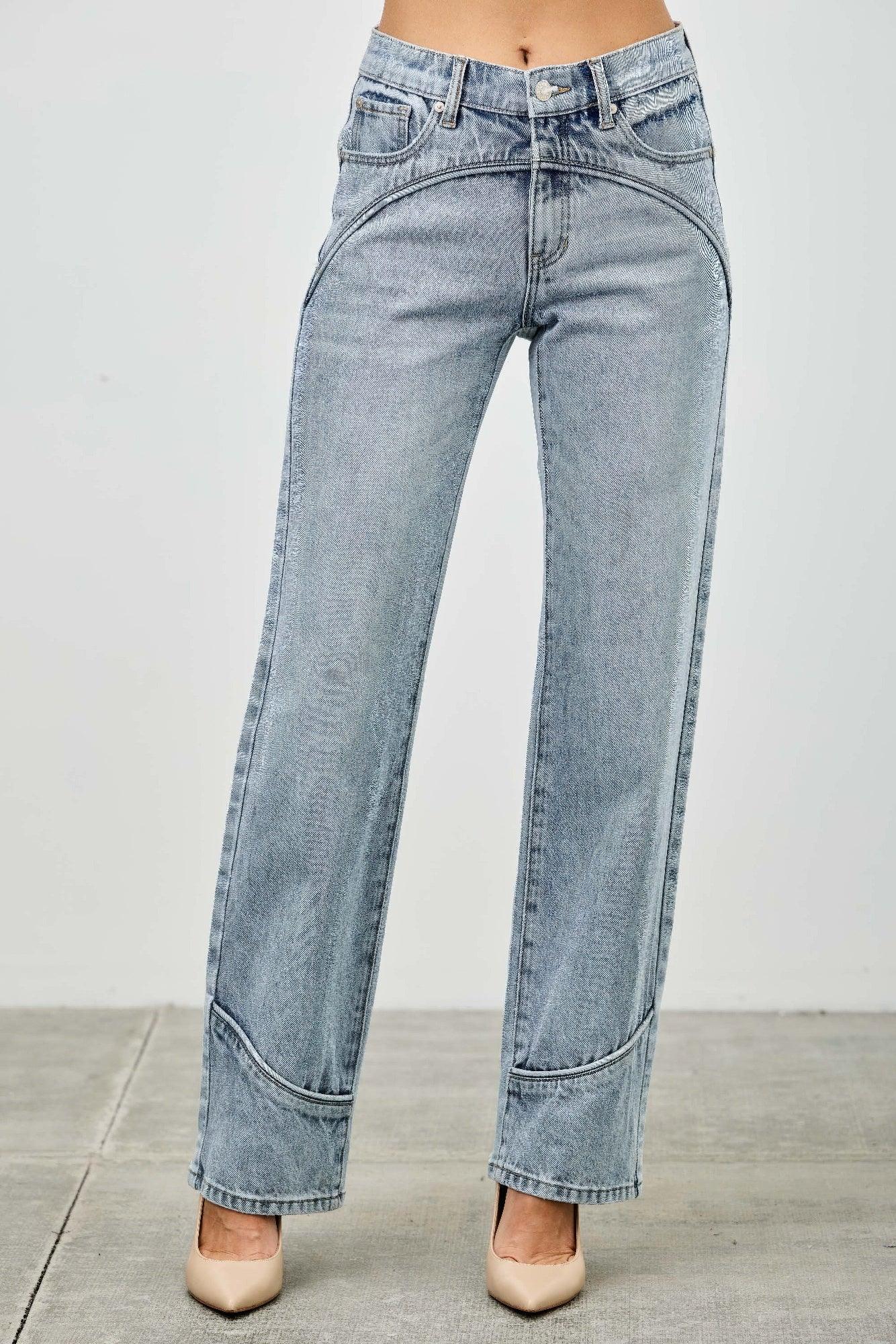 Light-wash high-rise wide-leg Saige denim jeans with rolled cuffs
