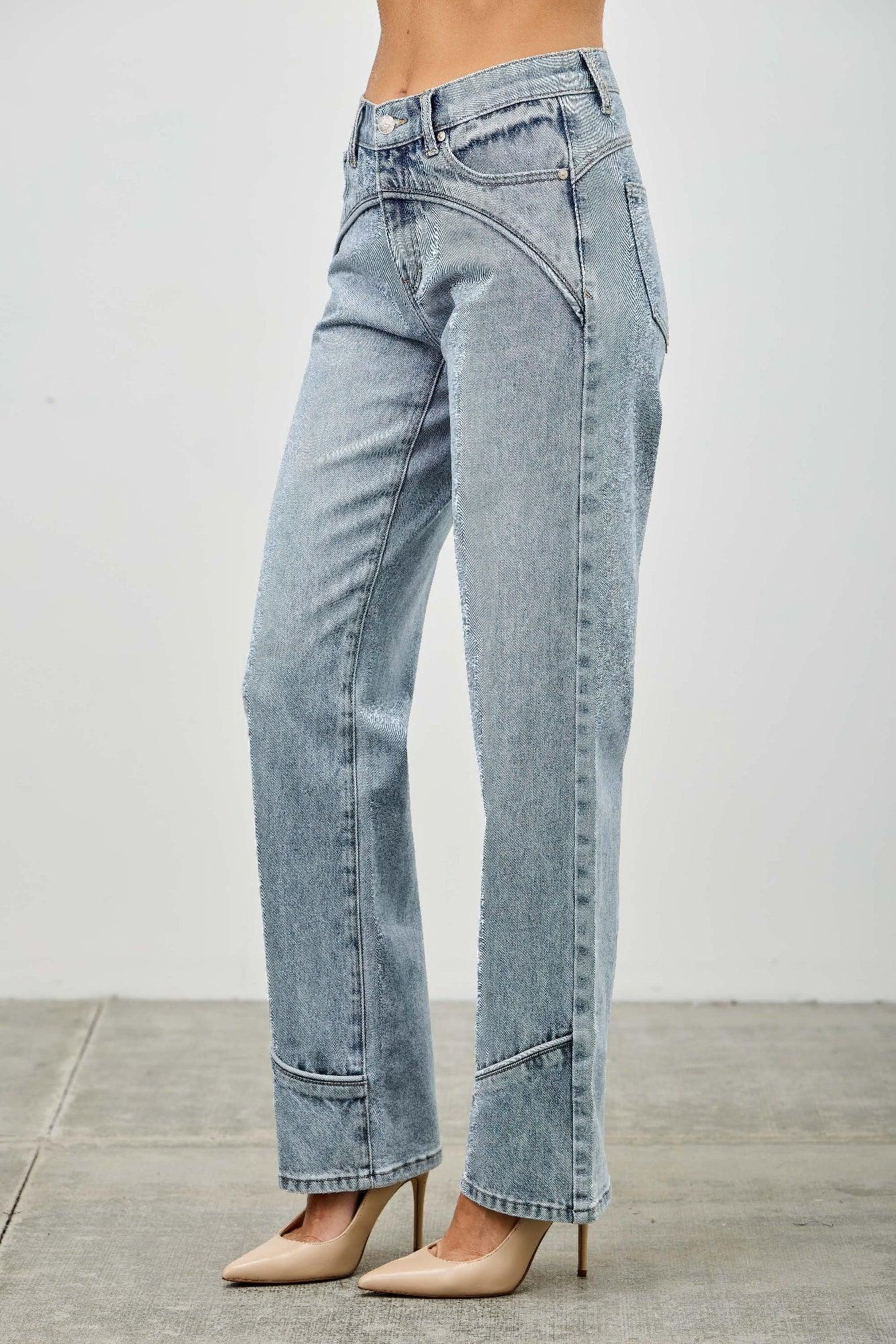 Saige Denim mid-rise straight-leg jeans with piping detail and rolled cuffs