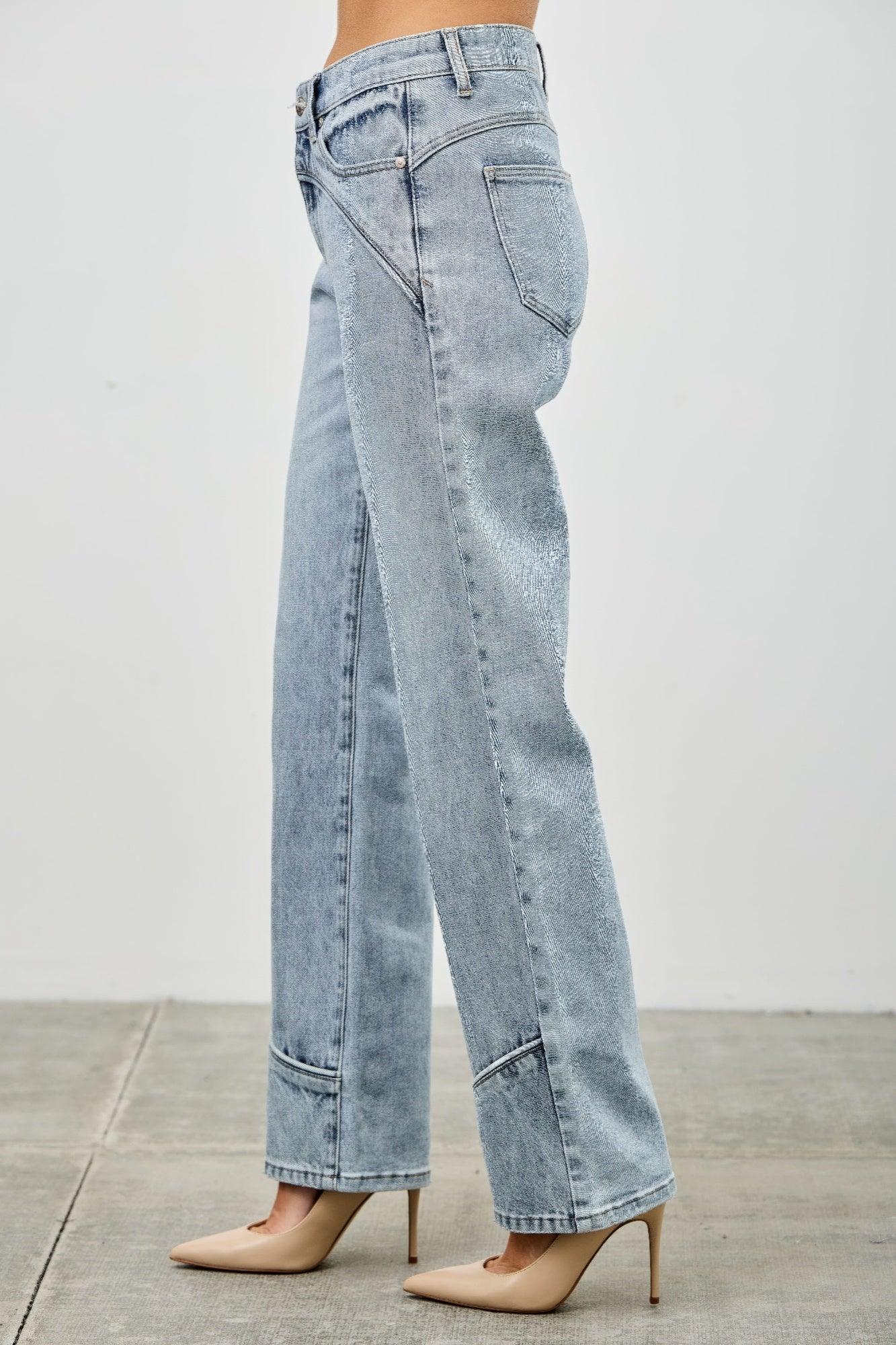 Light-wash wide-leg Saige denim jeans with piping and rolled cuffs